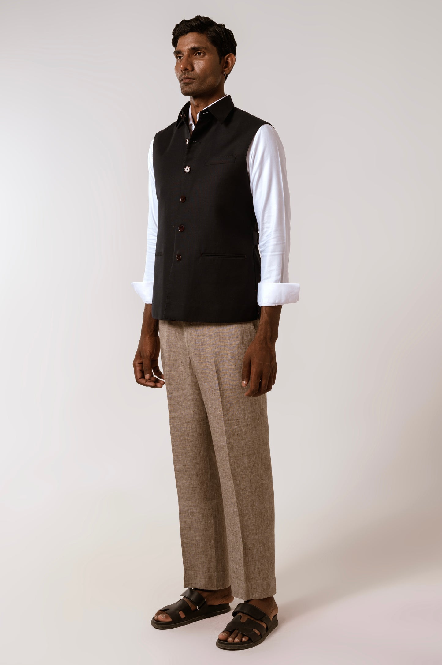 Collared Sadri In Navy Blue Tropical Wool