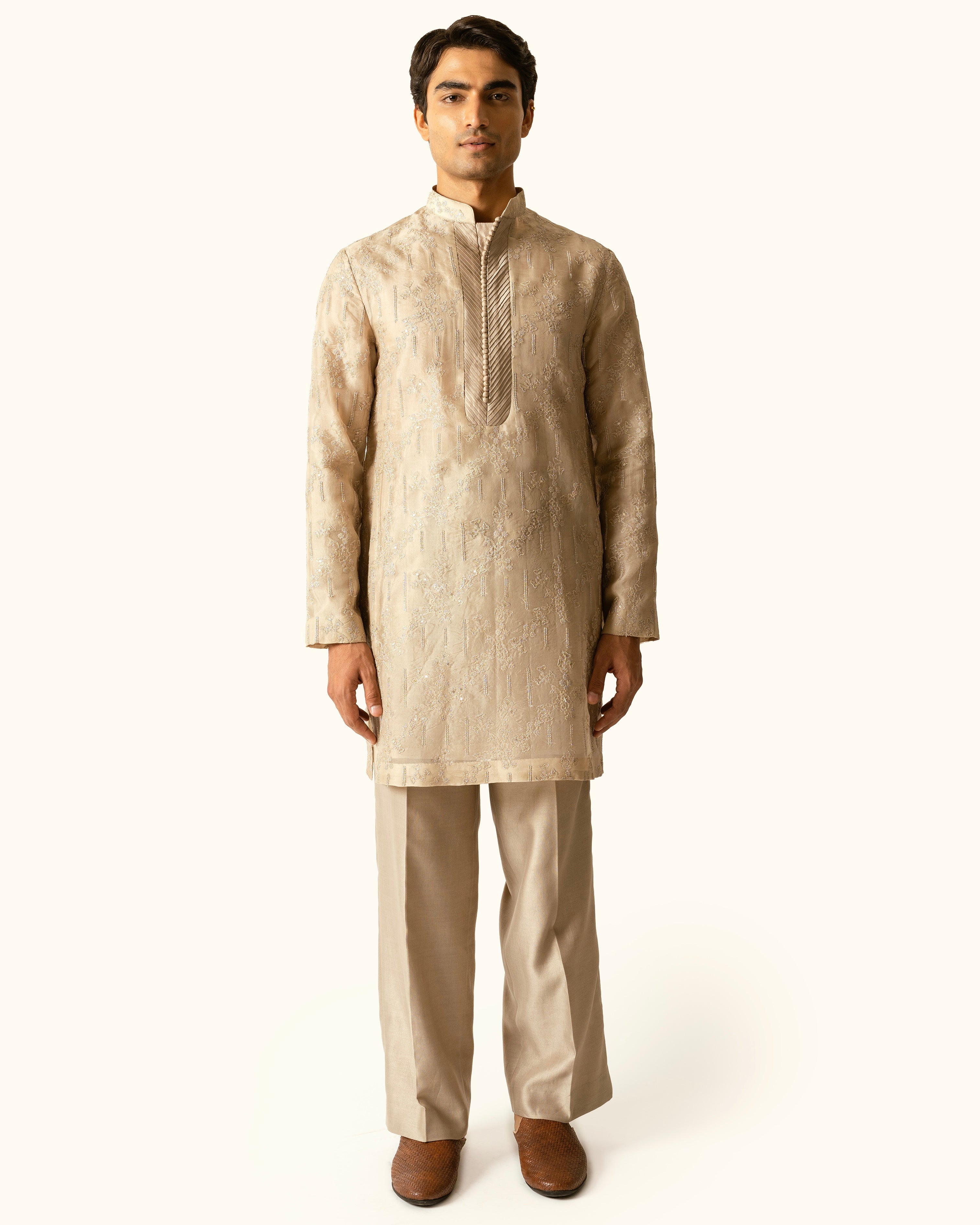 Champagne Embroidered Kurta Set in Silk Organza