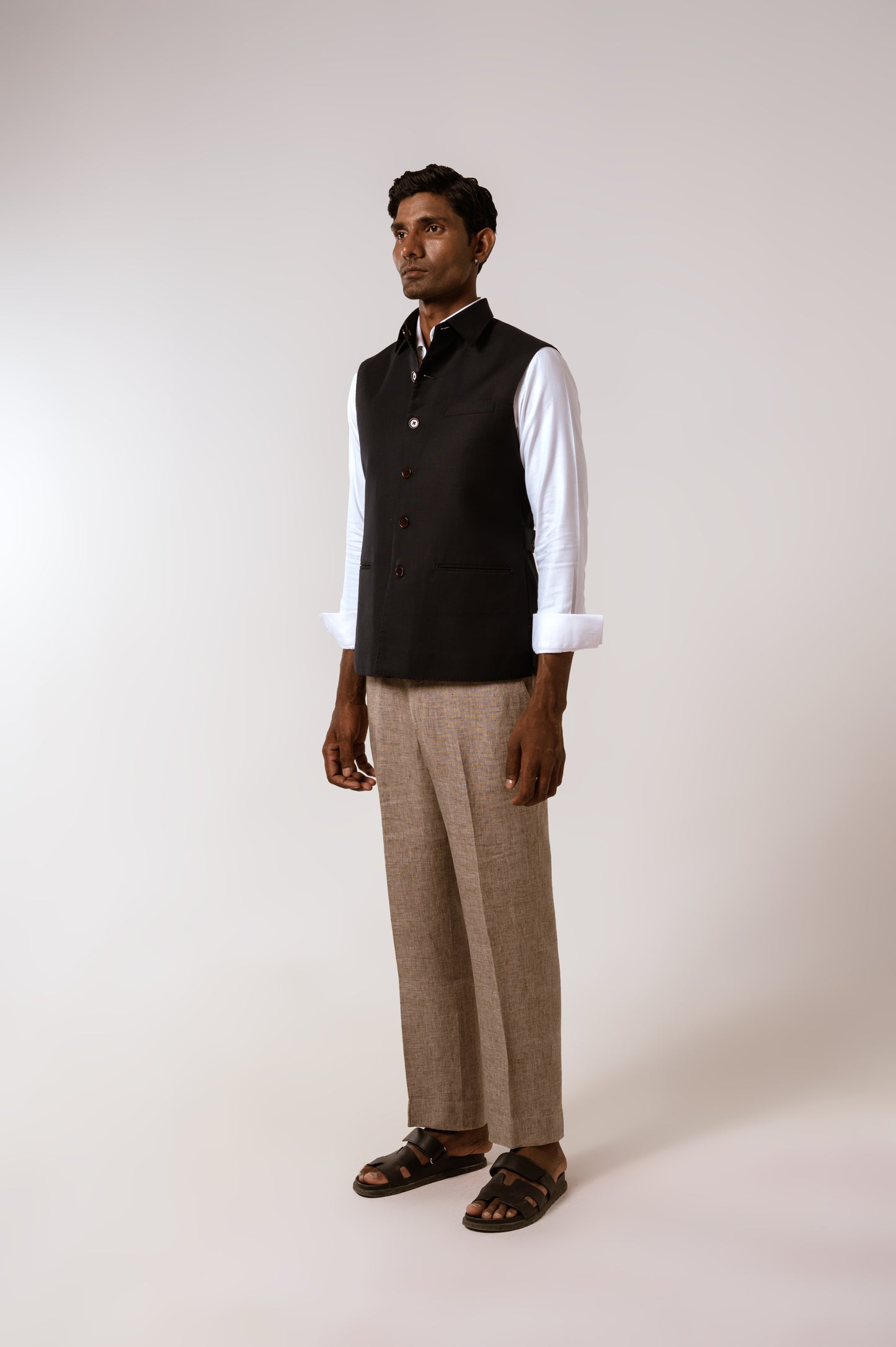 Collared Sadri In Navy Blue Tropical Wool