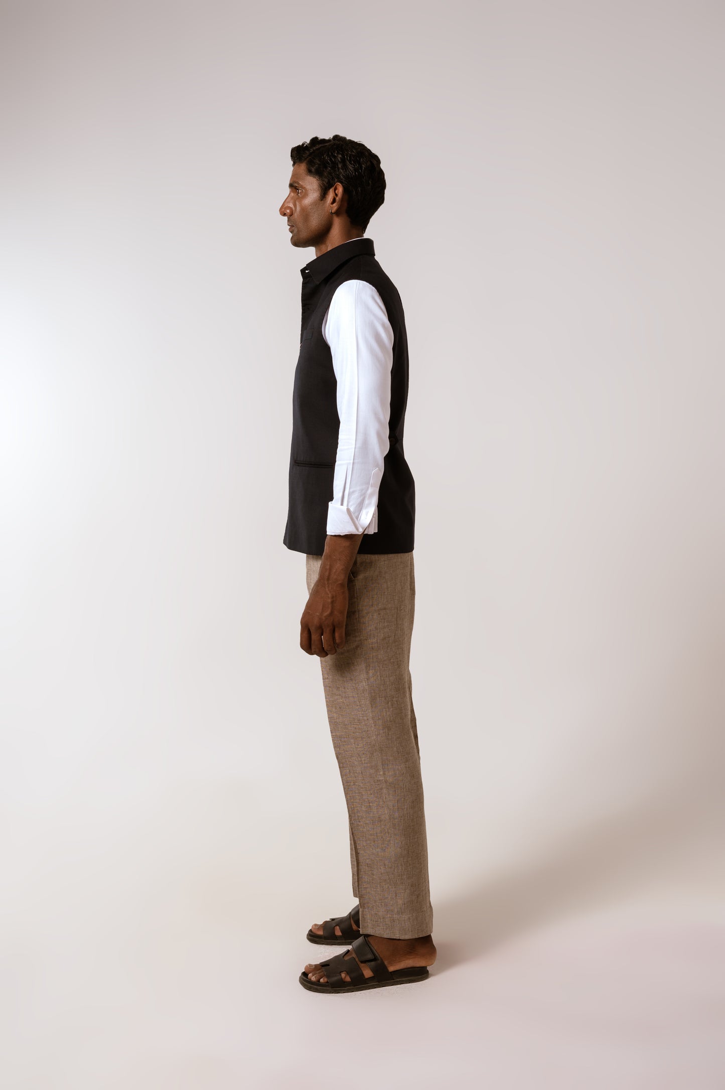 Collared Sadri In Navy Blue Tropical Wool