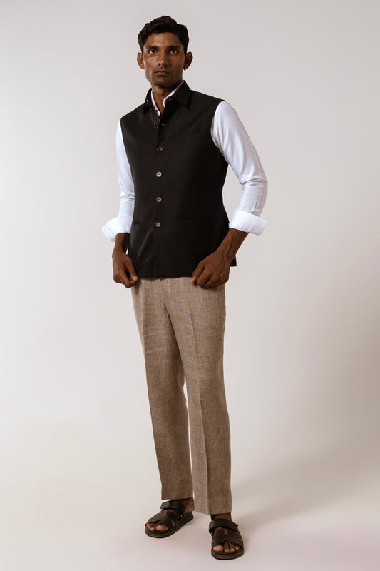 Collared Sadri In Navy Blue Tropical Wool