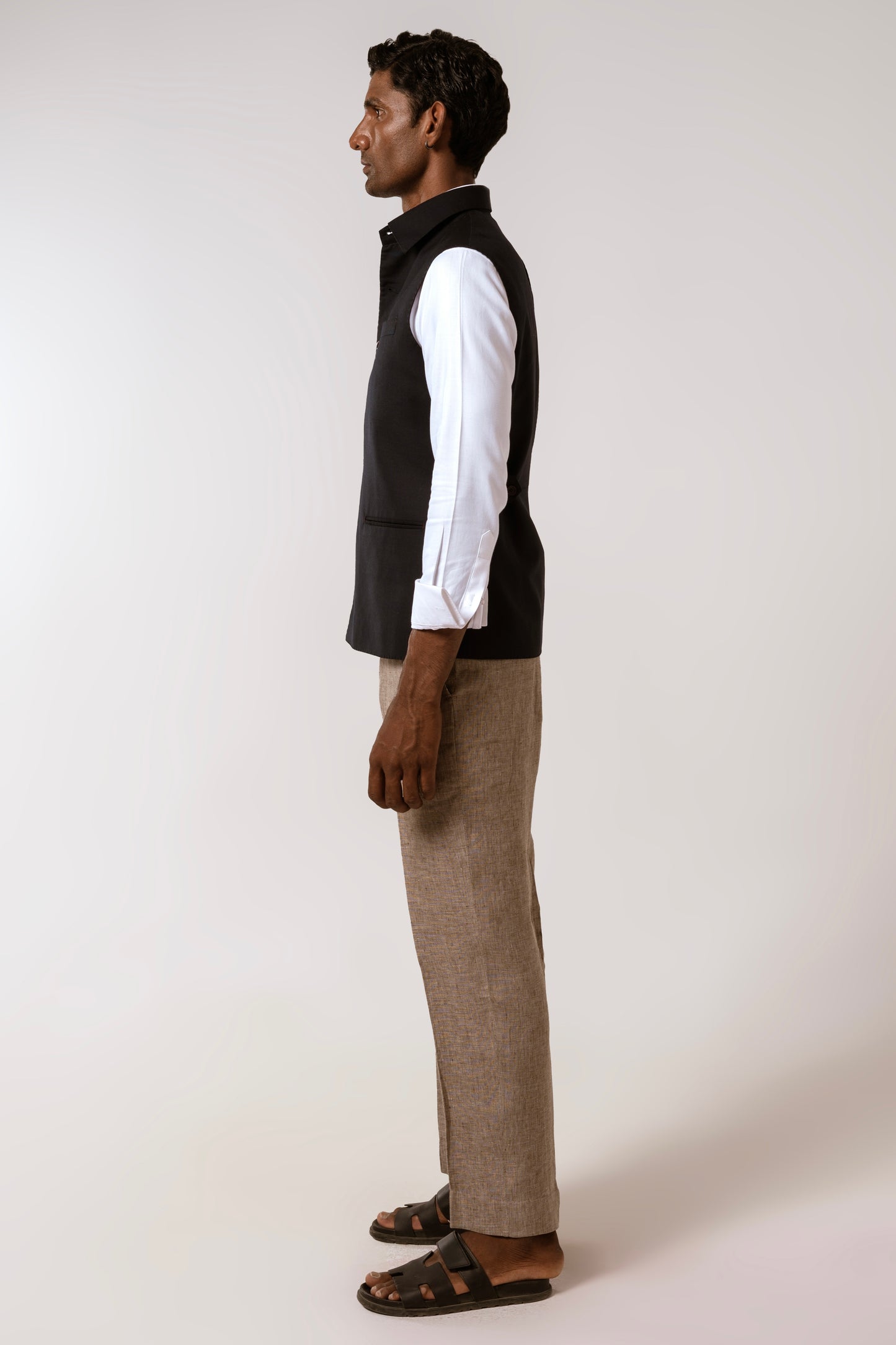 Collared Sadri In Navy Blue Tropical Wool