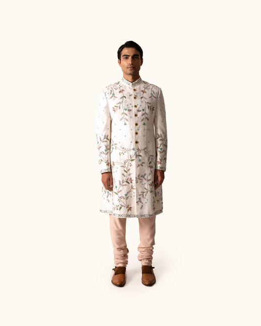 Cream Achkan in Raw Silk