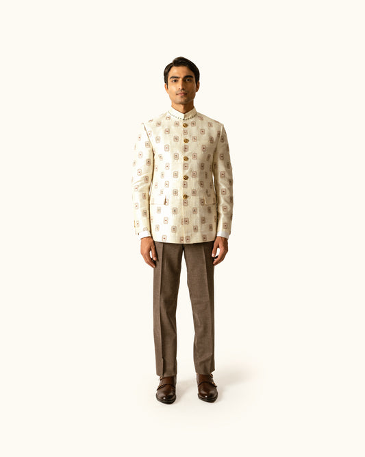 Cream Tonal Bandhgala in Raw Silk