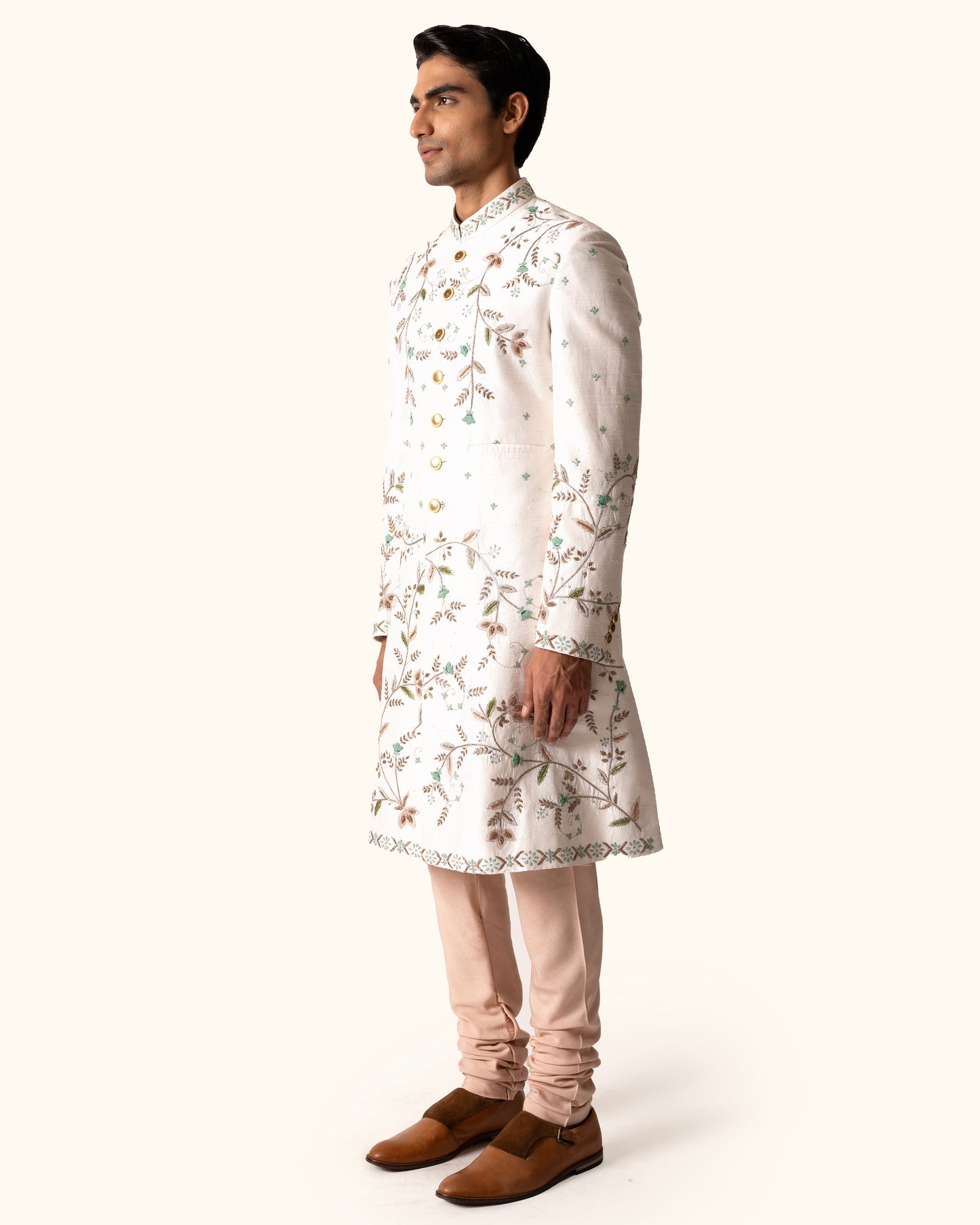 Cream Achkan in Raw Silk