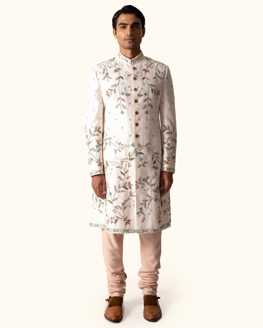 Cream Achkan in Raw Silk