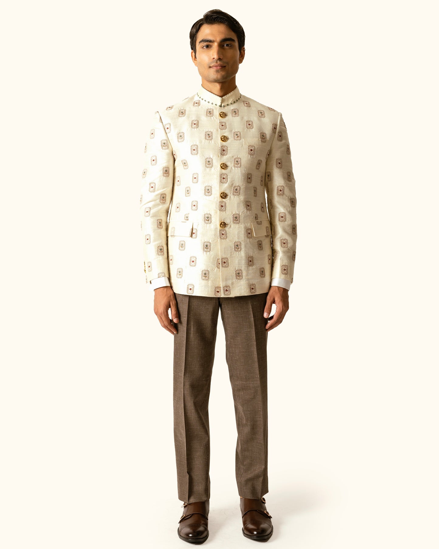 Cream Tonal Bandhgala in Raw Silk