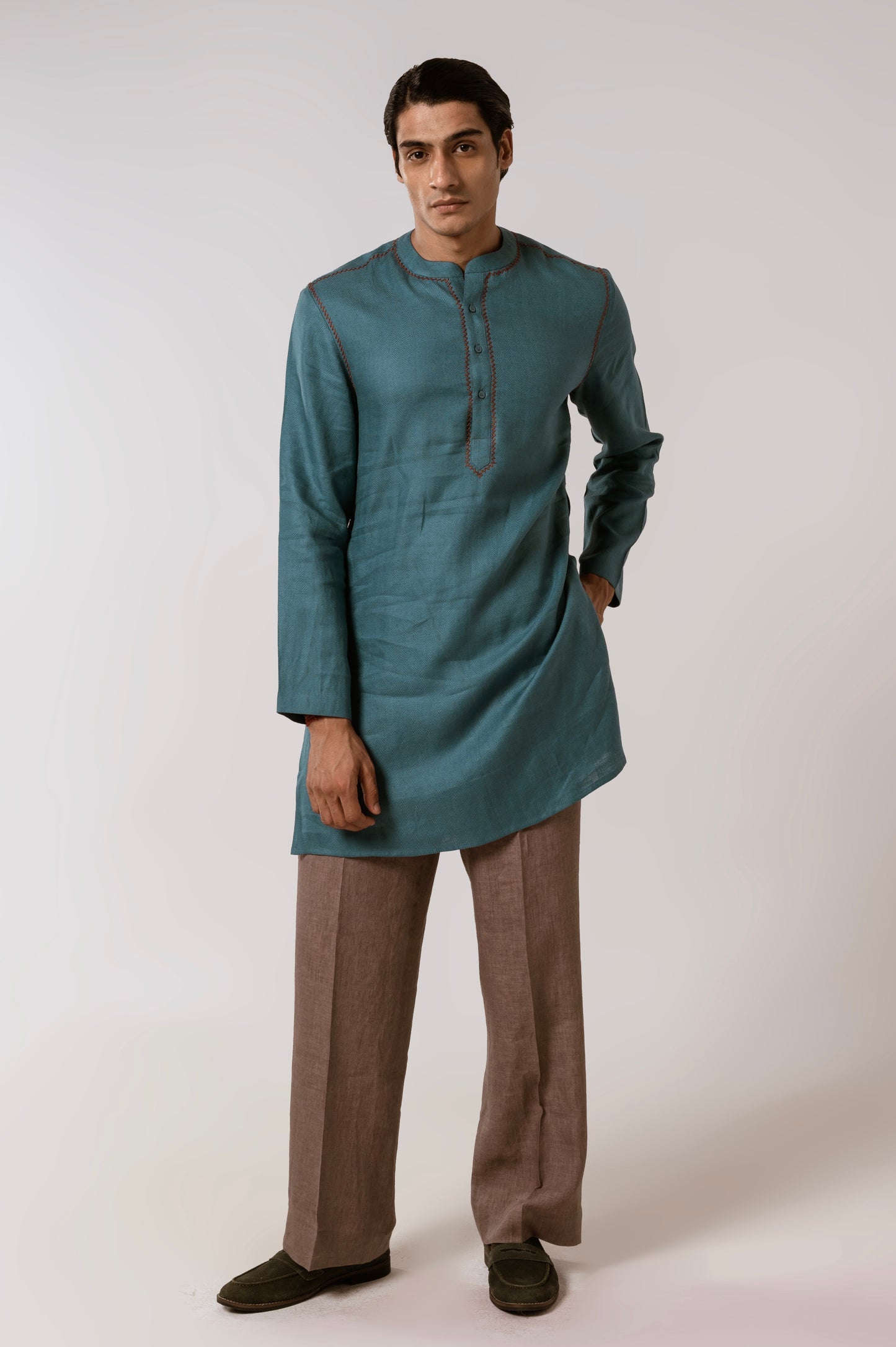 Diesel Blue Herringbone Linen Kurta