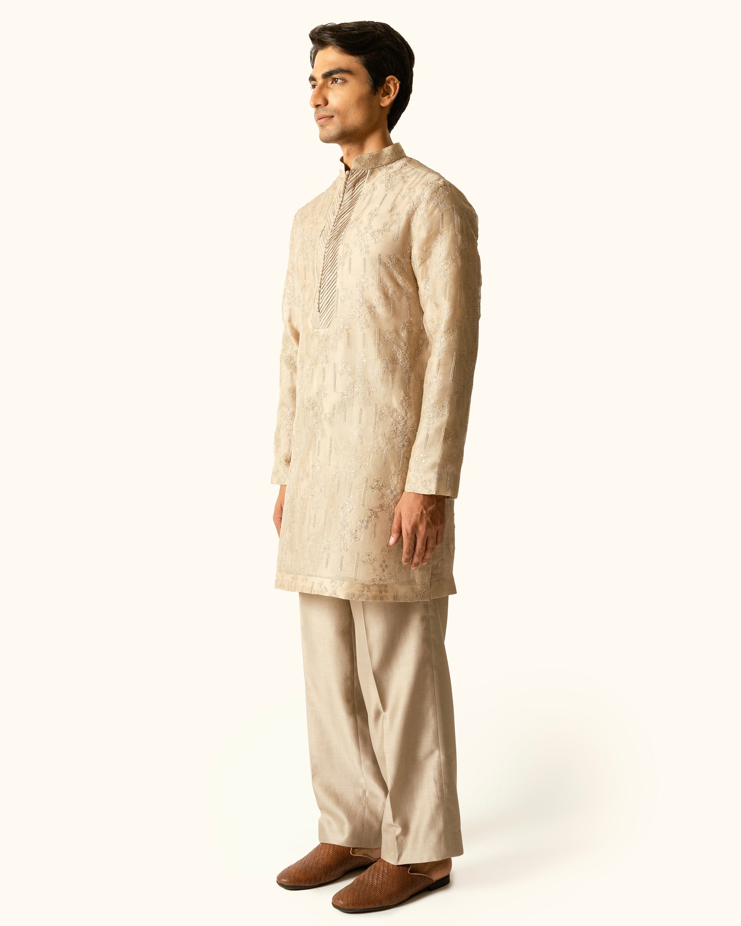 Champagne Embroidered Kurta Set in Silk Organza
