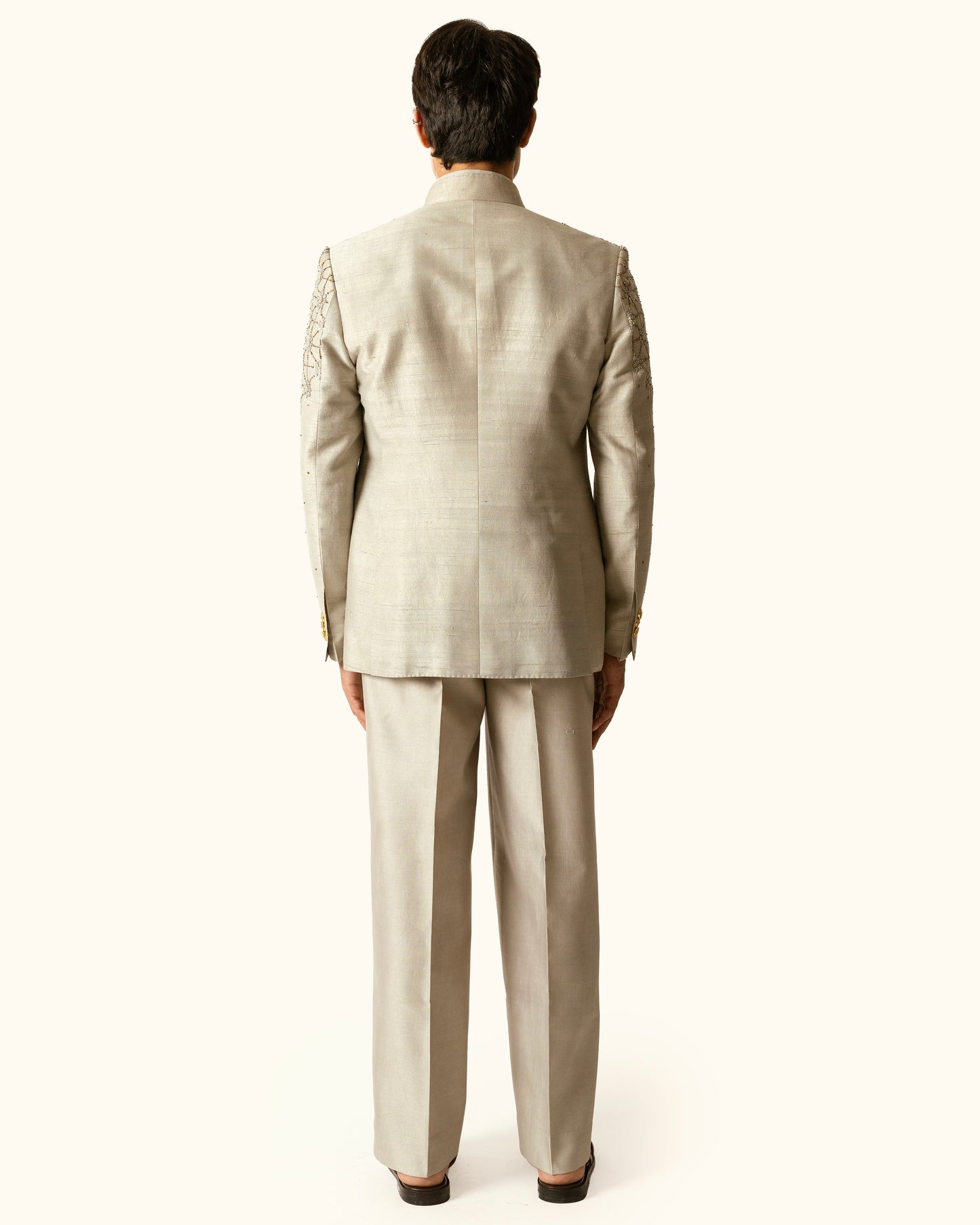 Shadow Gray Embroidered Open Bandhagala in Raw Silk