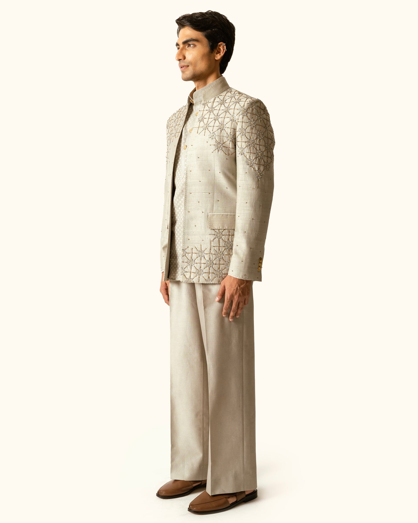 Shadow Gray Embroidered Open Bandhagala in Raw Silk