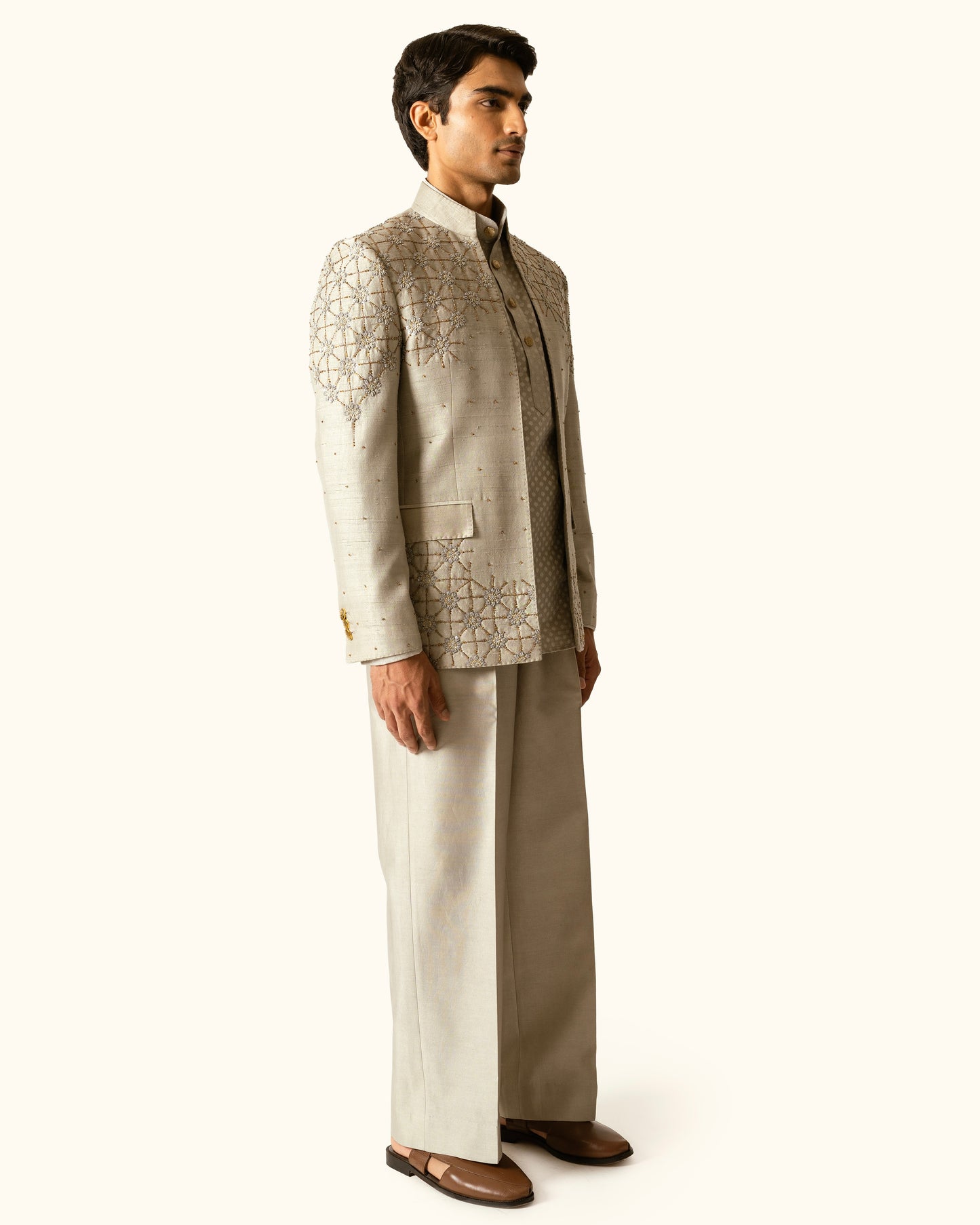 Shadow Gray Embroidered Open Bandhagala in Raw Silk