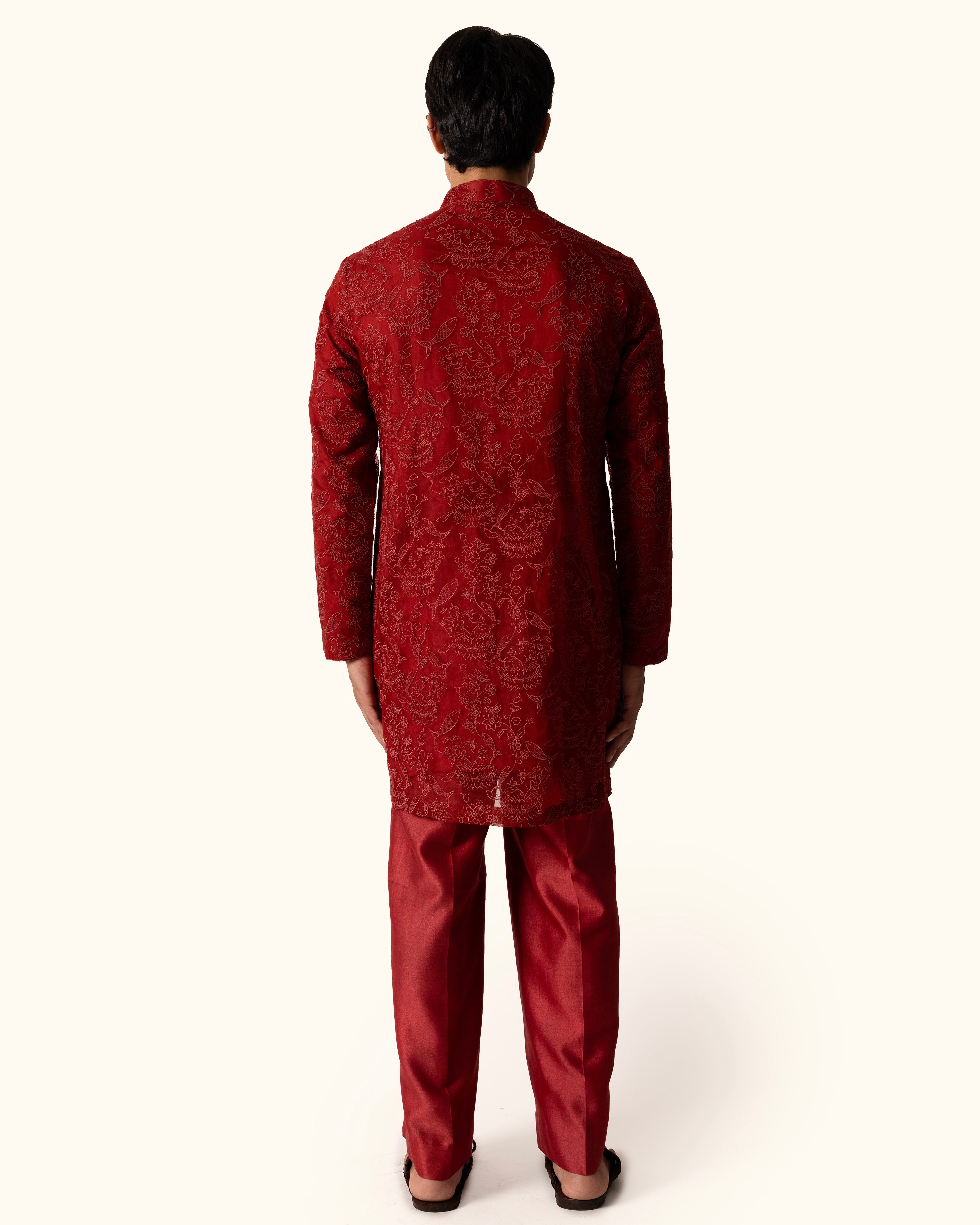 Red Embroidered Kurta Set in Silk Organza
