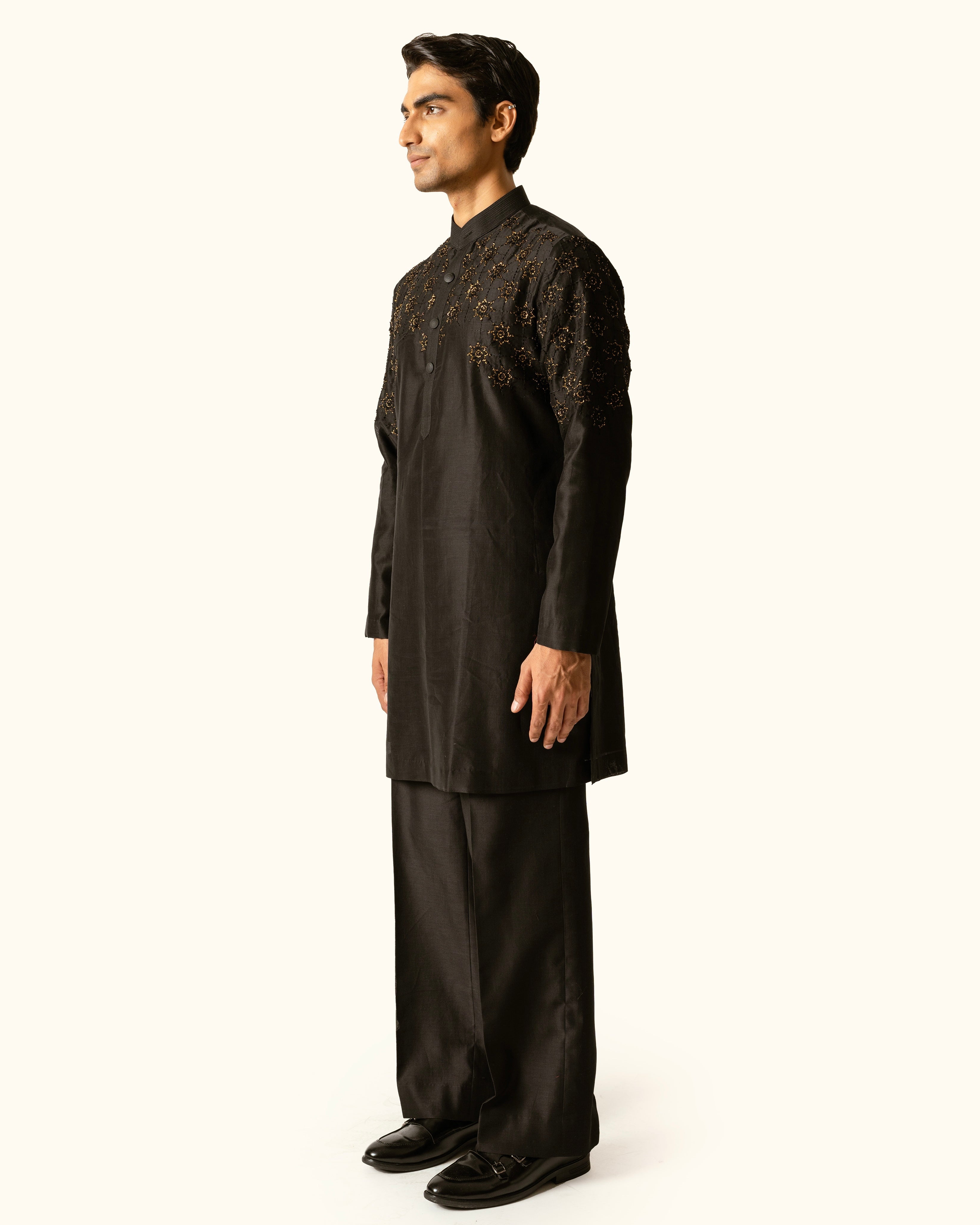 Black Embroidered Kurta Set in Chanderi Silk