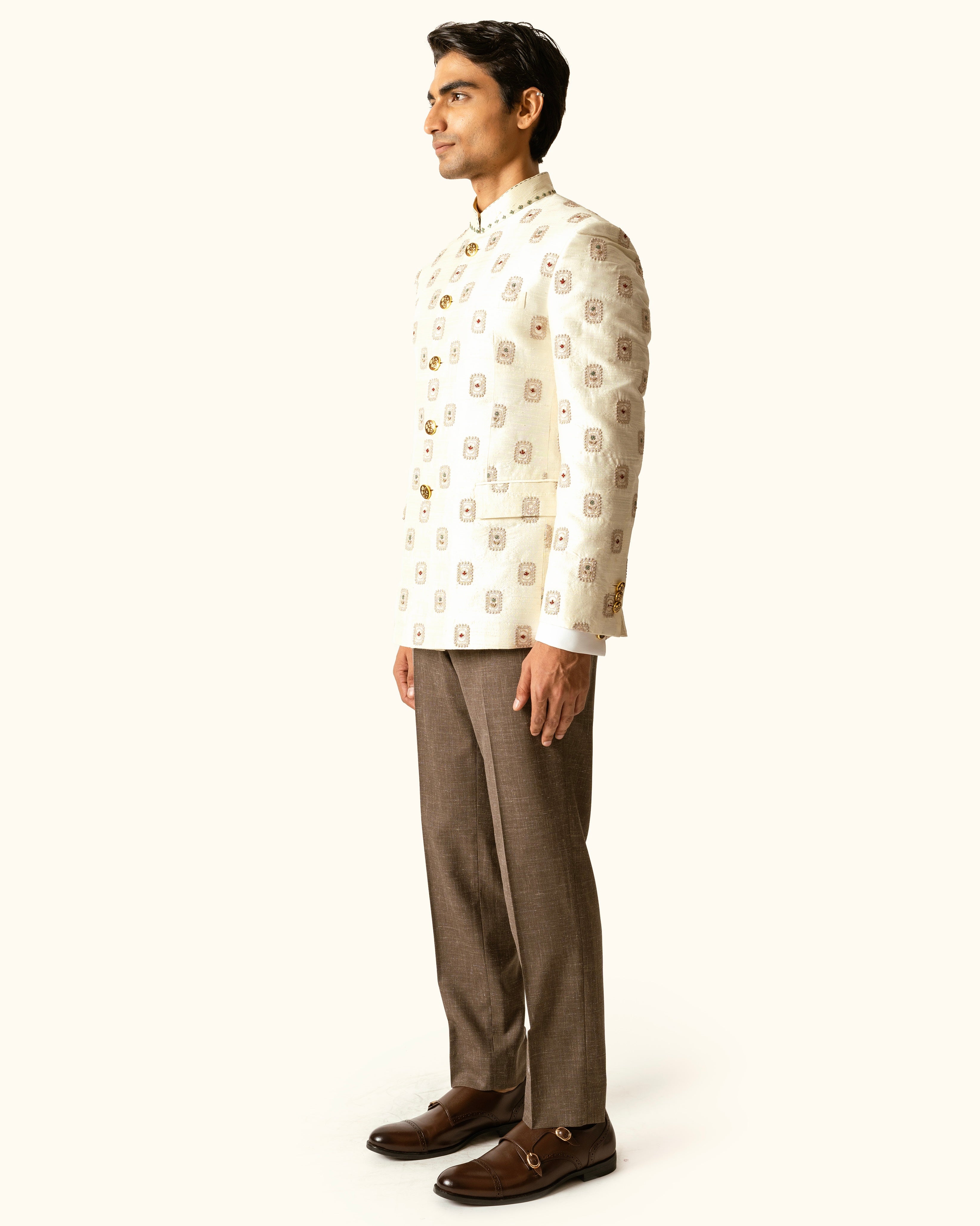 Cream Tonal Bandhgala in Raw Silk