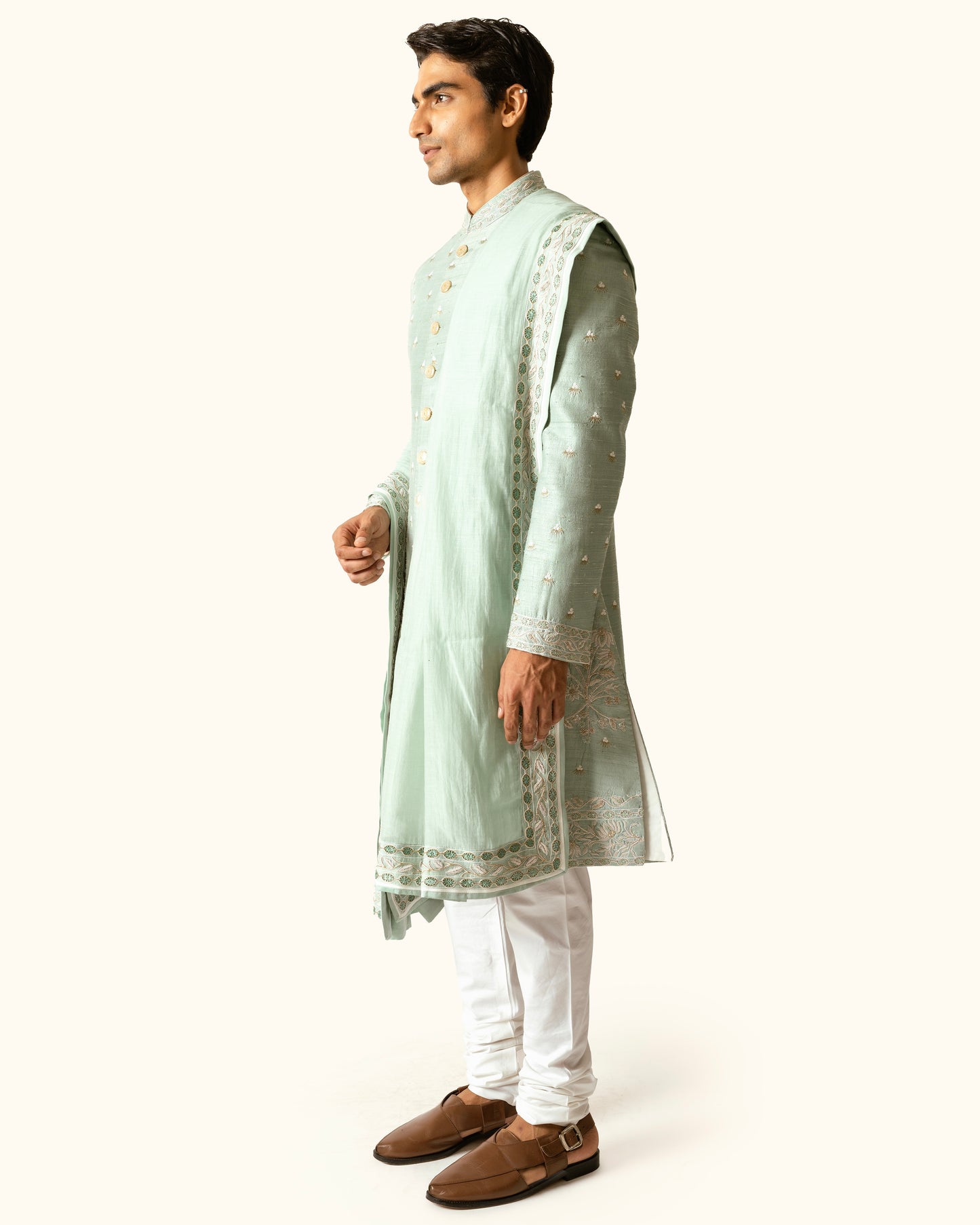 Sage Green Floral Achkan in Raw Silk