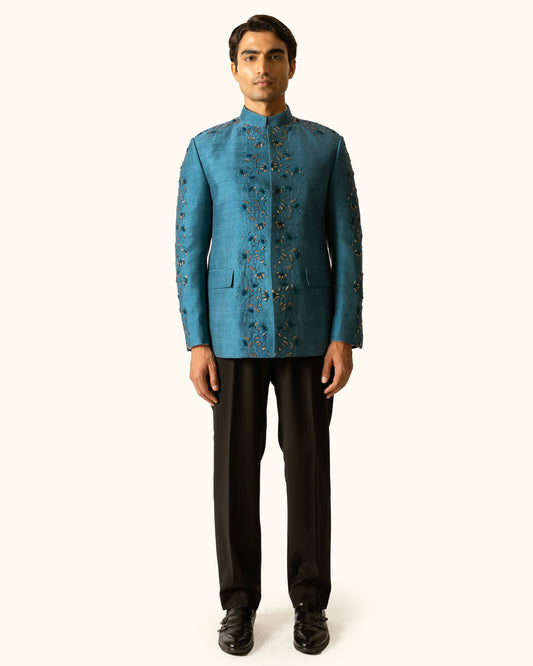 Indigo diesel Bandhgala in Raw Silk