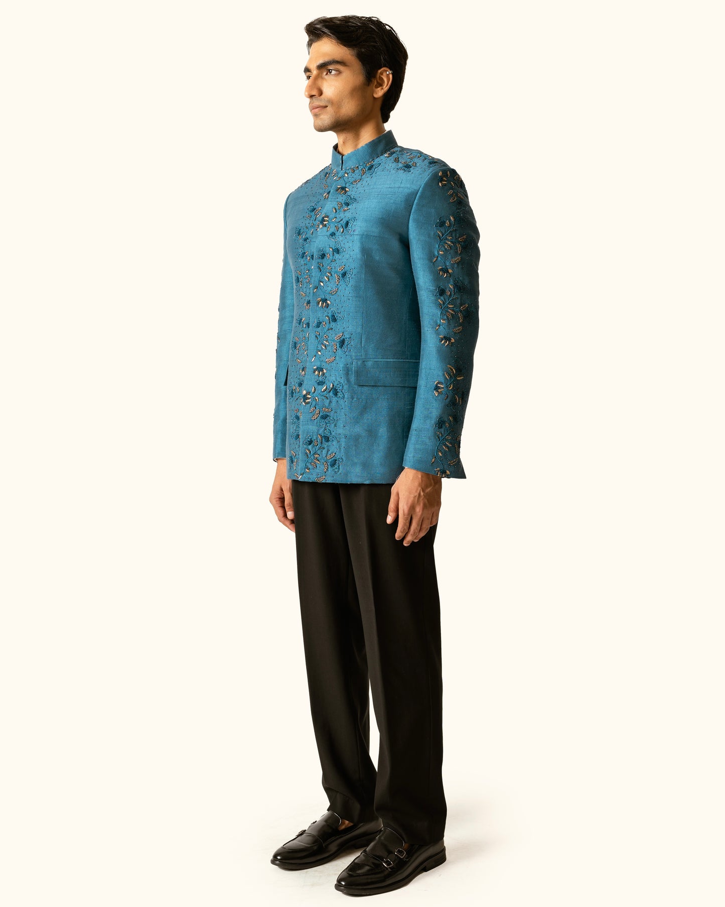 Indigo diesel Bandhgala in Raw Silk