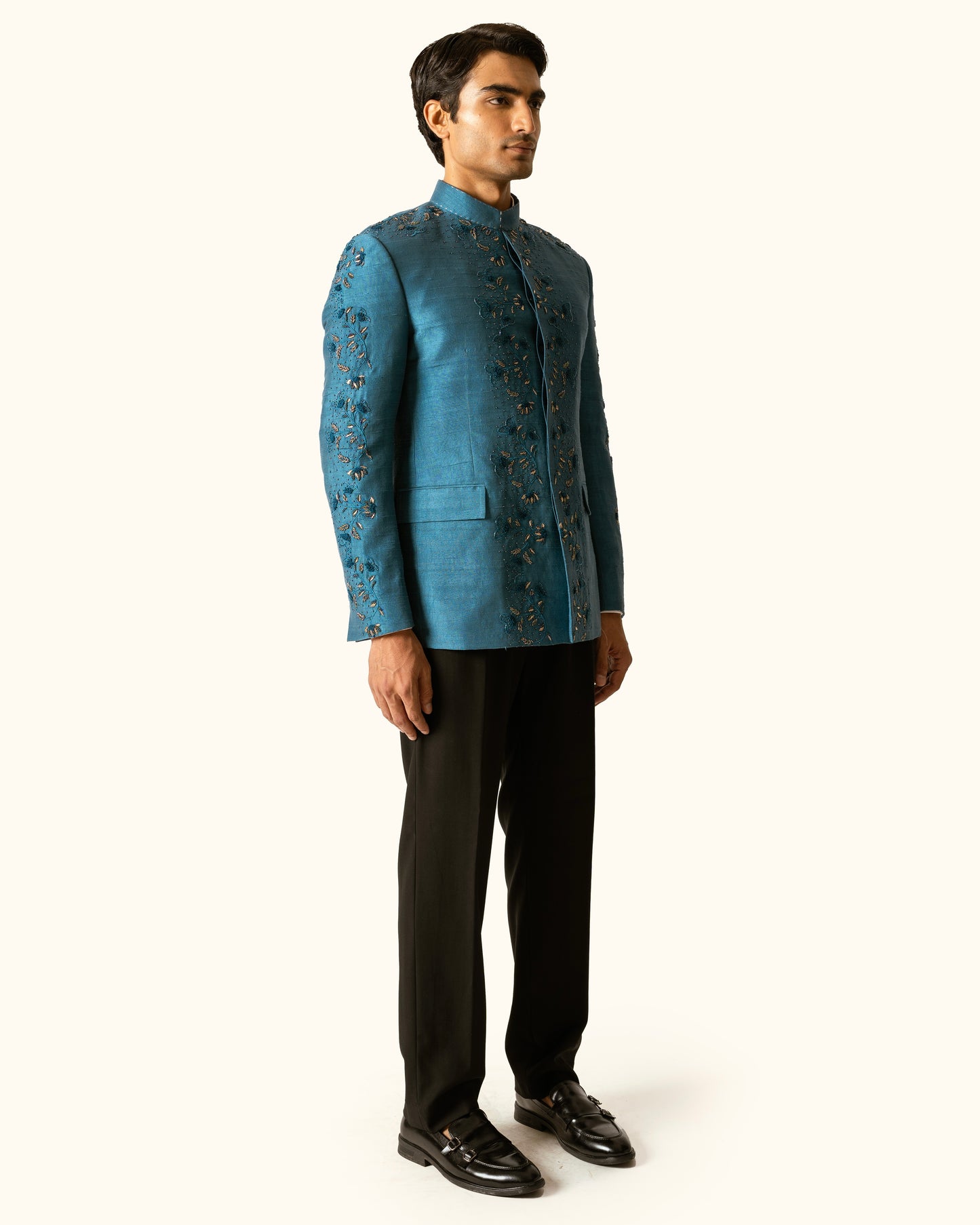 Indigo diesel Bandhgala in Raw Silk