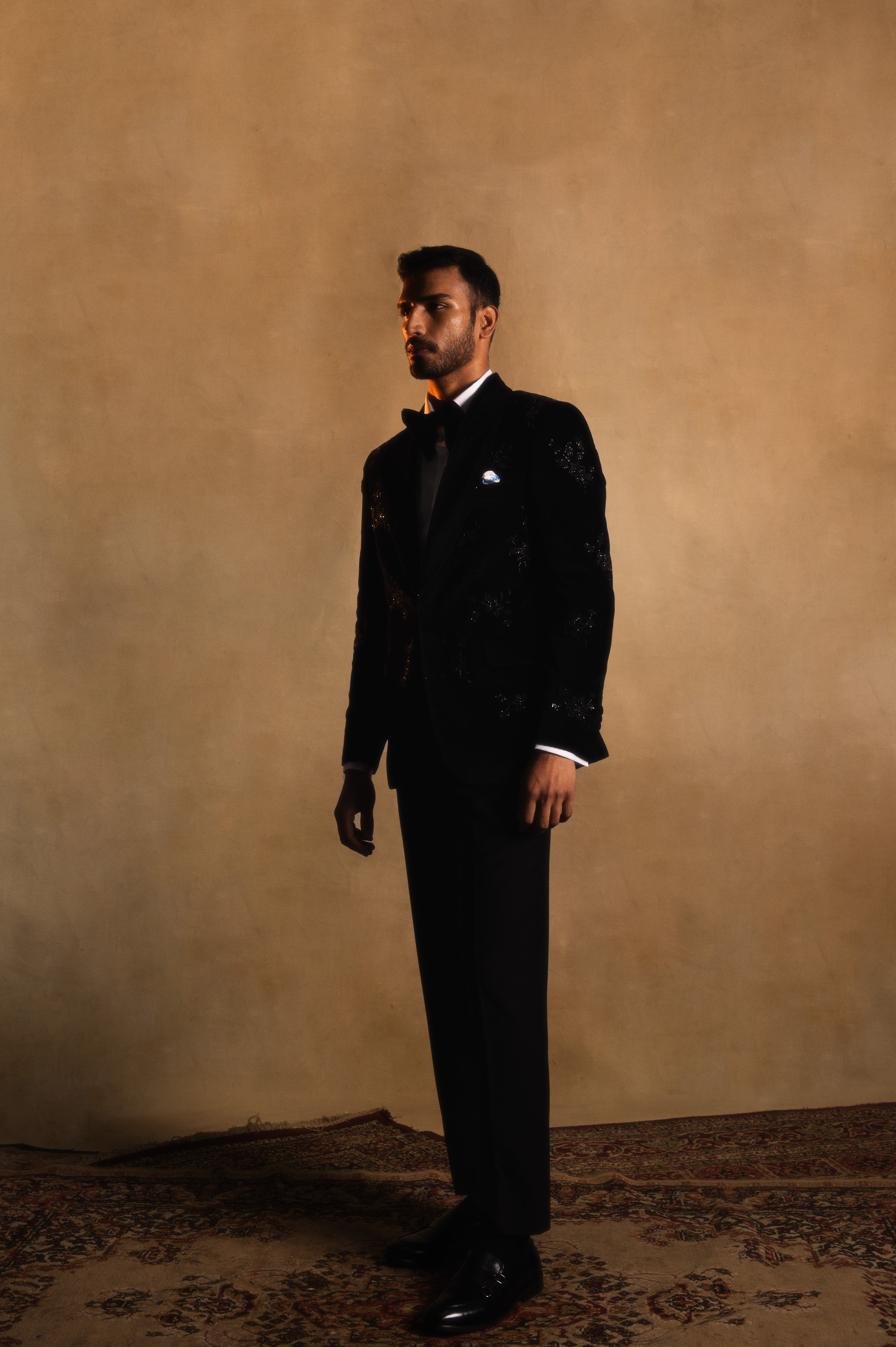 Floral Motif Velvet Tuxedo in Black