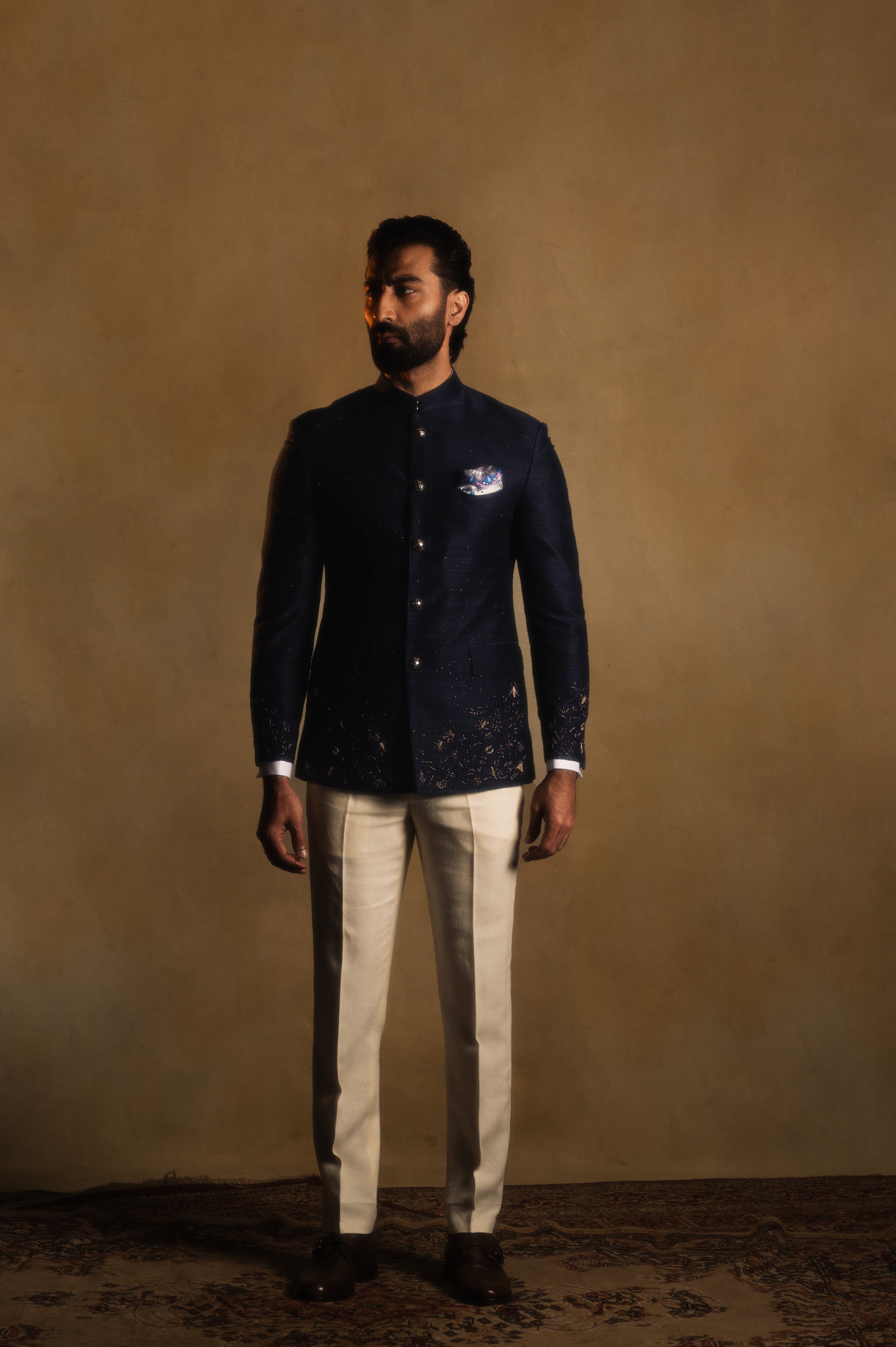 Floral Bandhgala in Midnight Blue