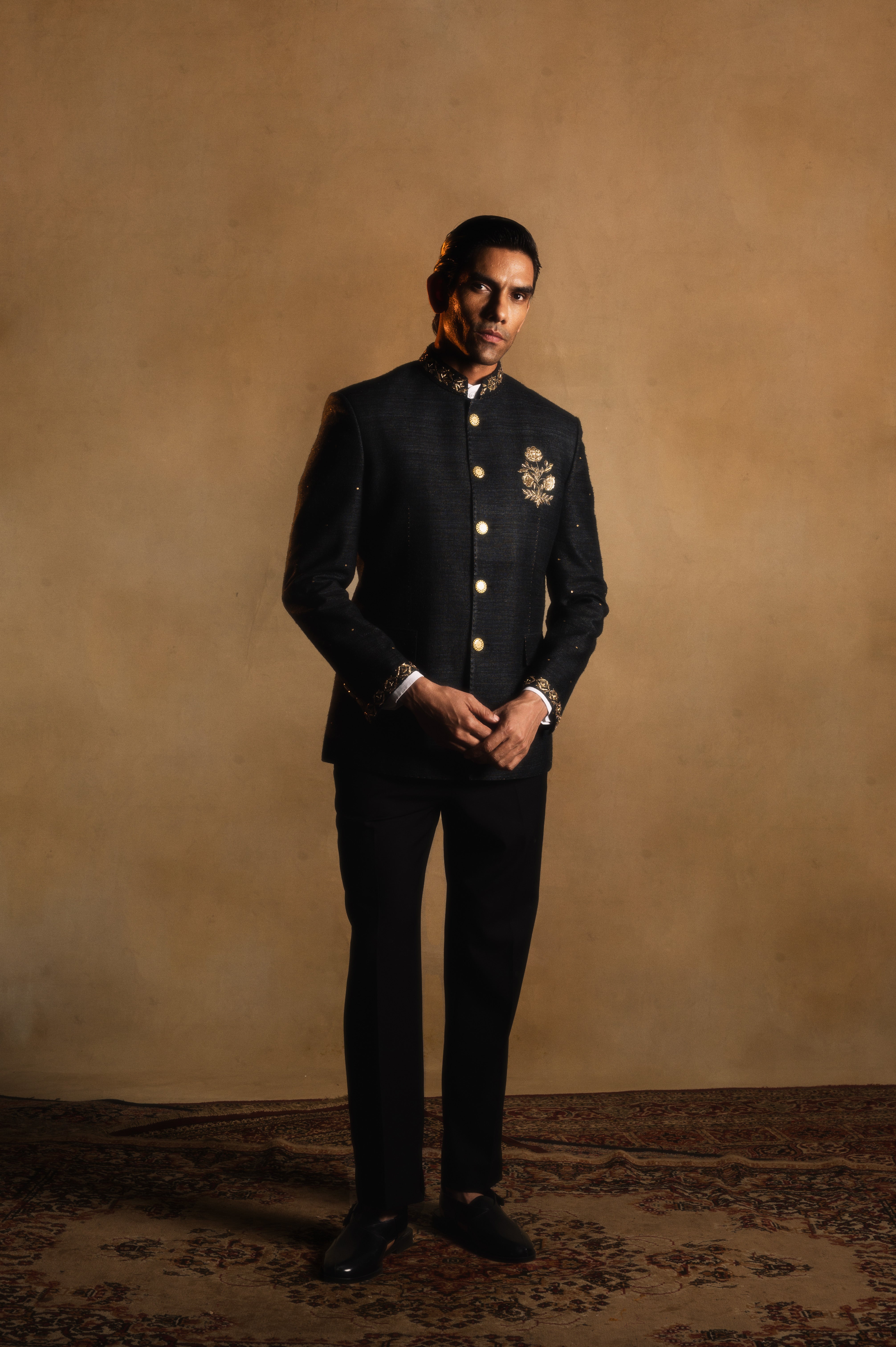 Bandhgala with Chest Motif in Black