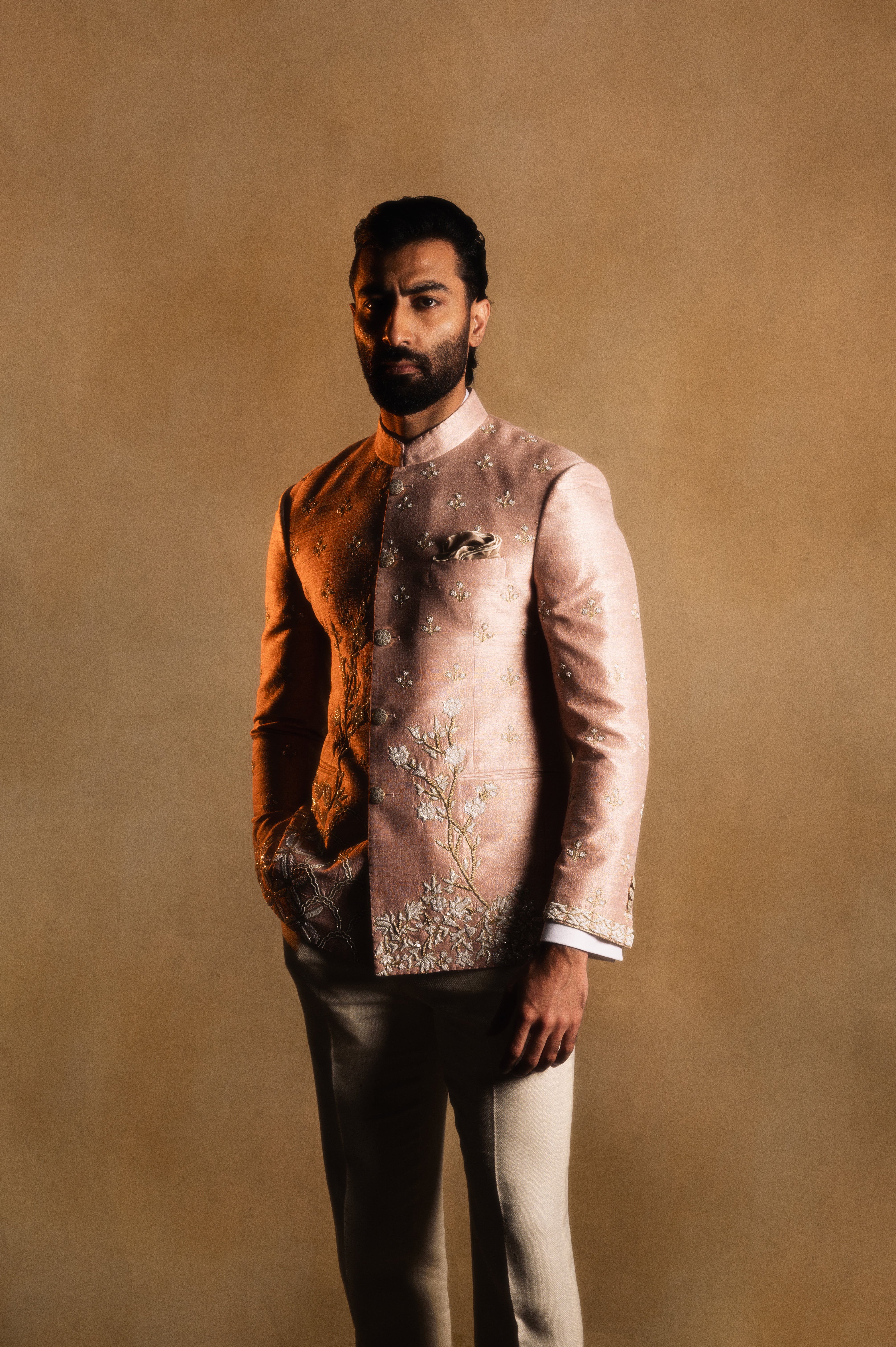 Hand-embroidered Bandhgala in Rose Pink