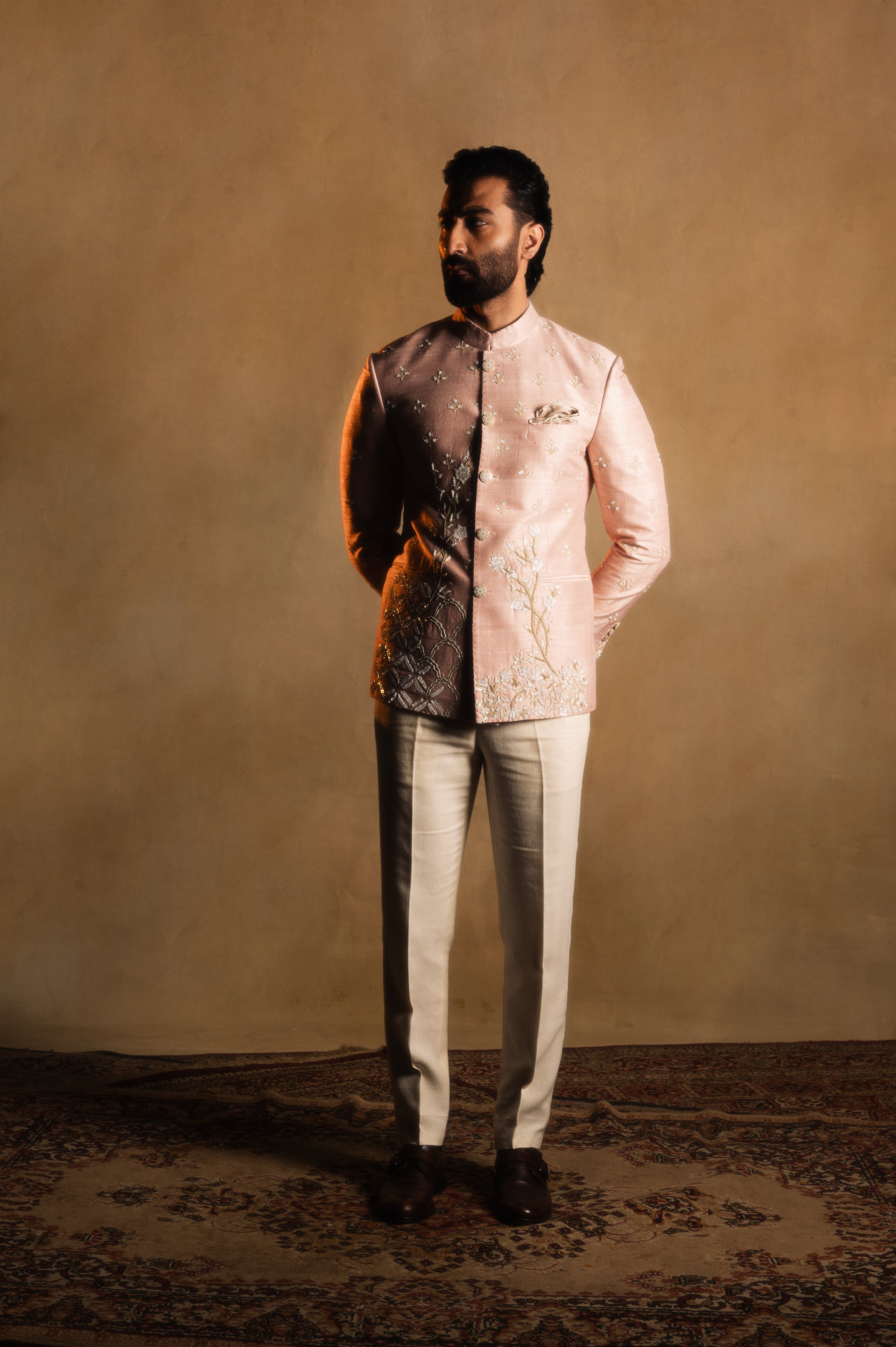 Hand-embroidered Bandhgala in Rose Pink