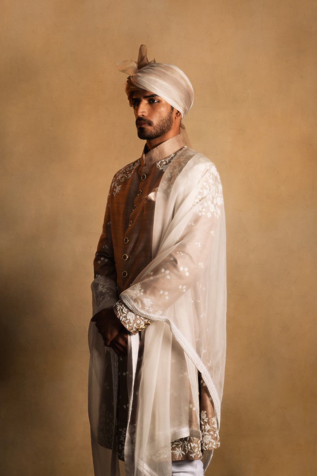 Champagne Gold Embroidered Achkan in Raw Silk