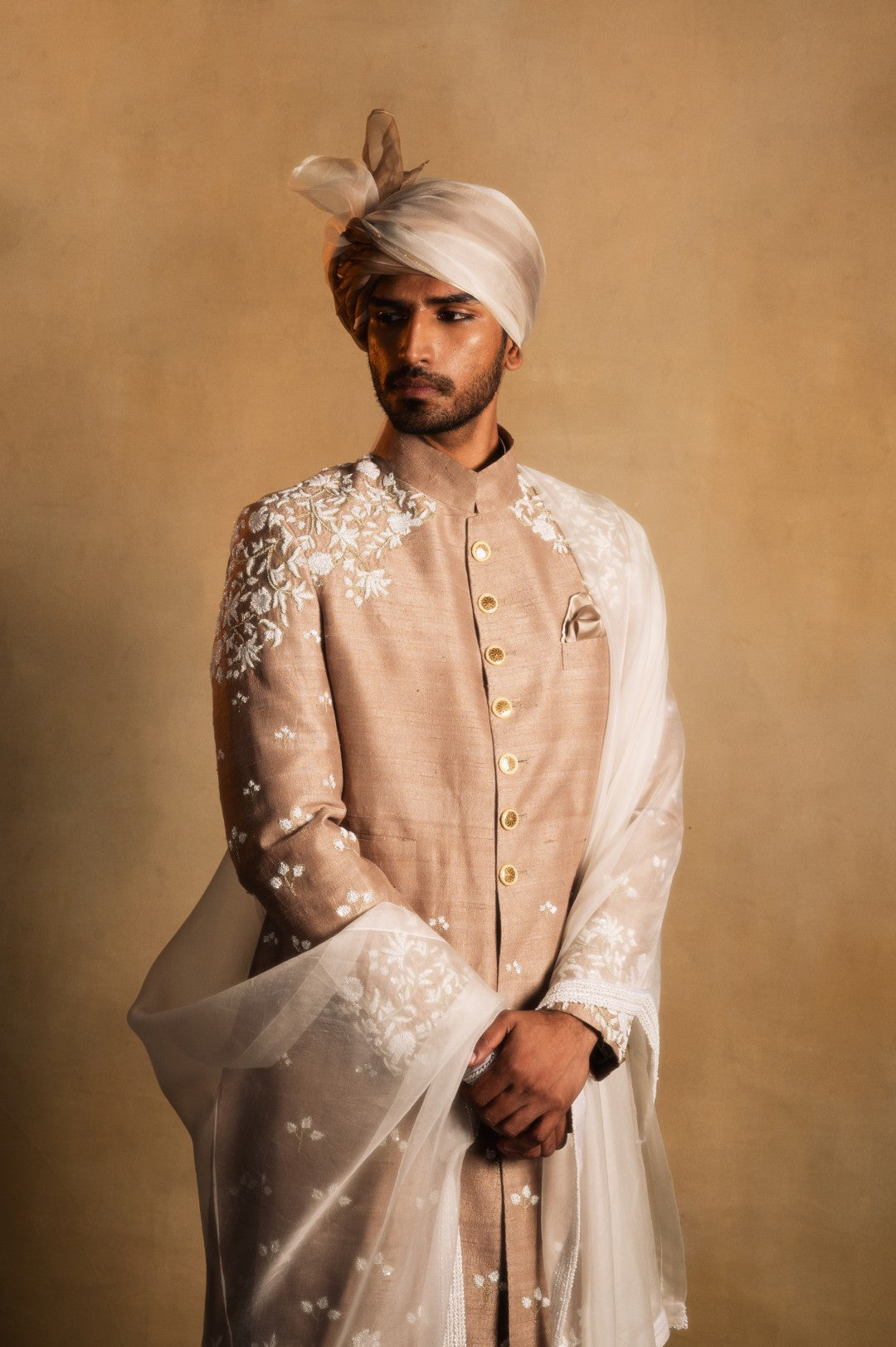 Champagne Gold Embroidered Achkan in Raw Silk