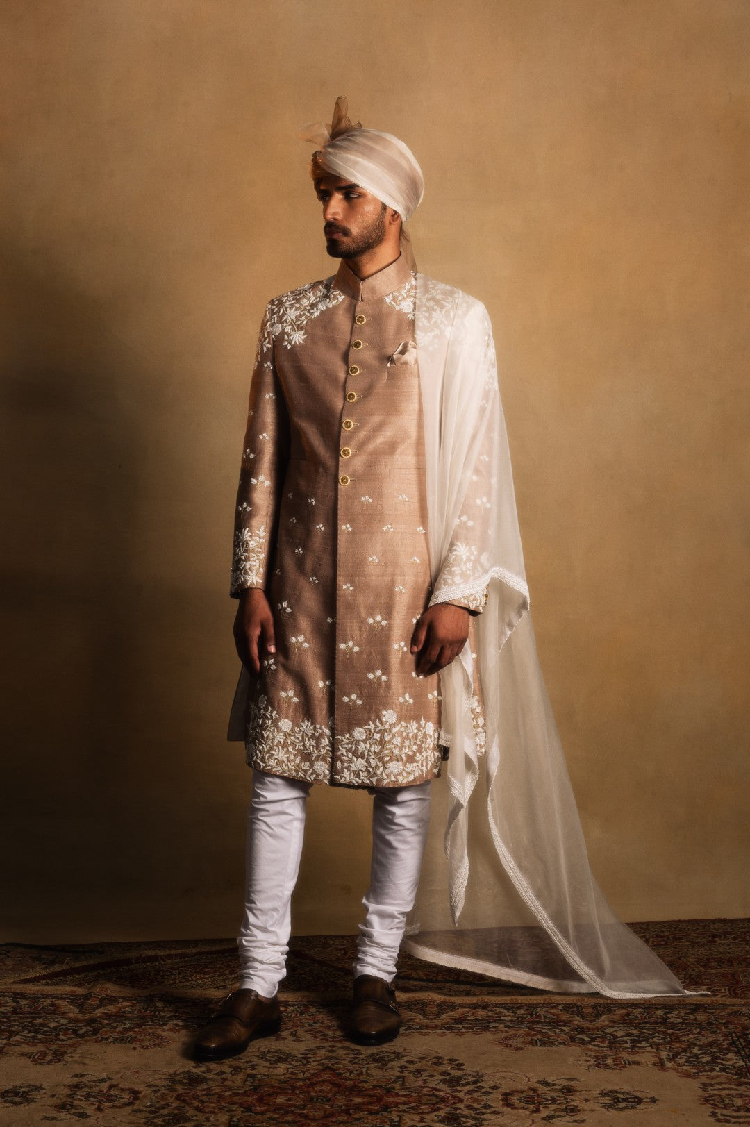 Champagne Gold Embroidered Achkan in Raw Silk