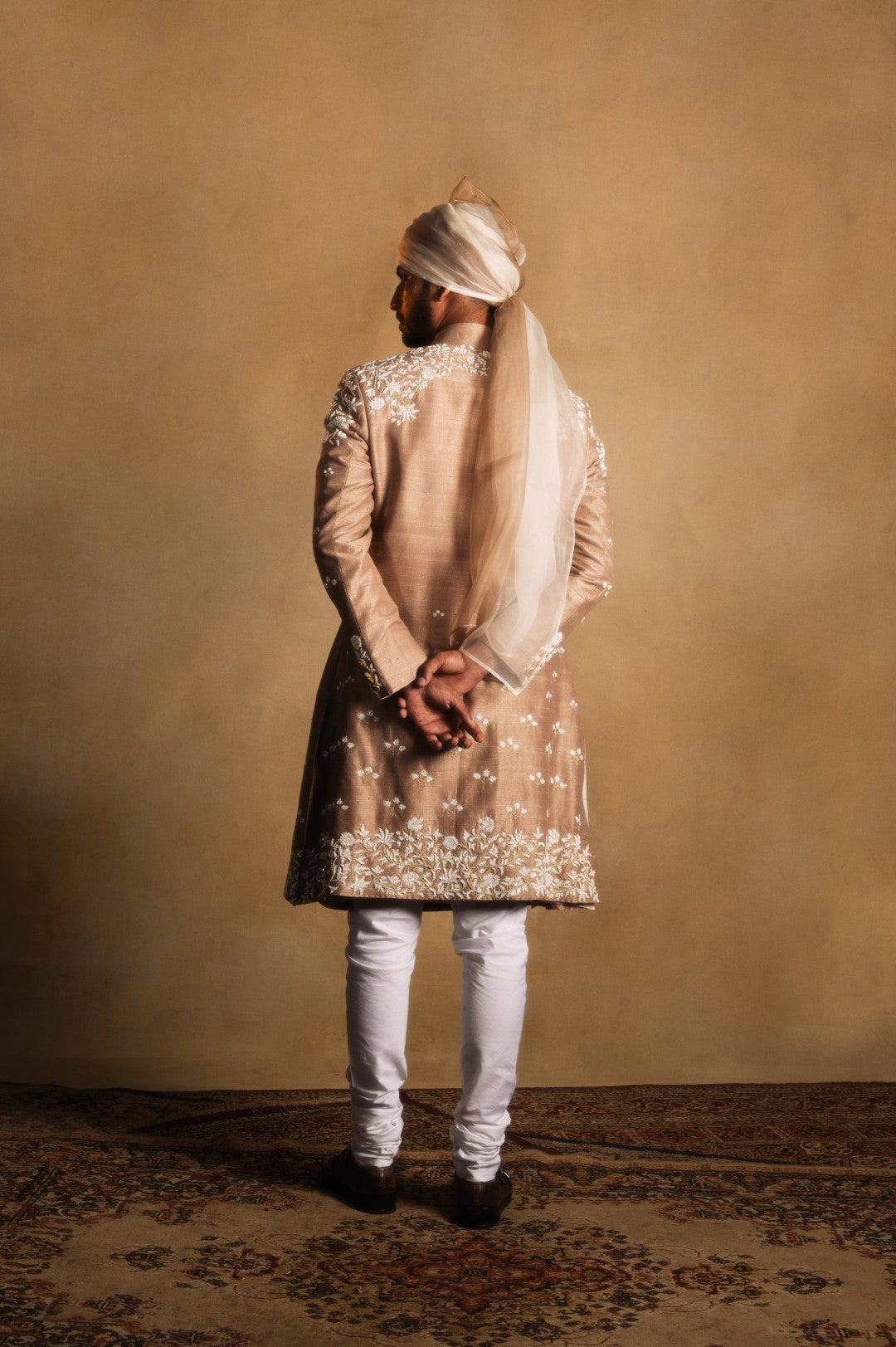 Champagne Gold Embroidered Achkan in Raw Silk