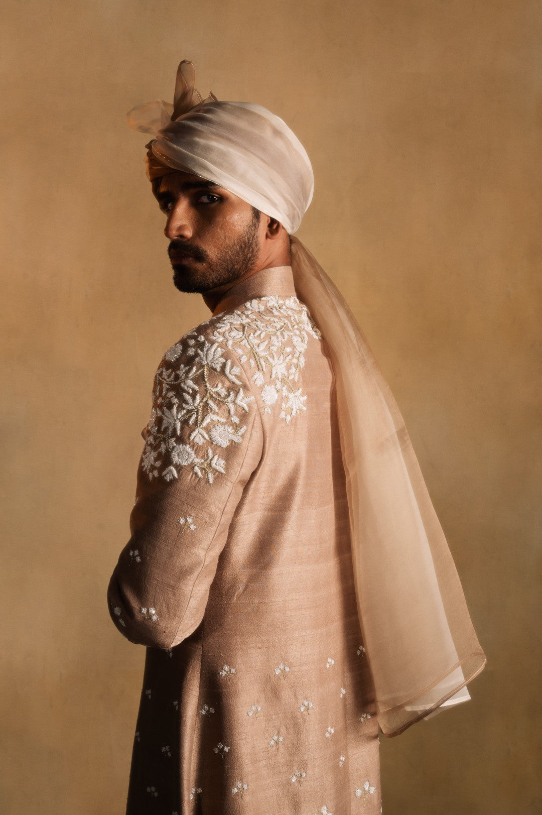 Champagne Gold Embroidered Achkan in Raw Silk
