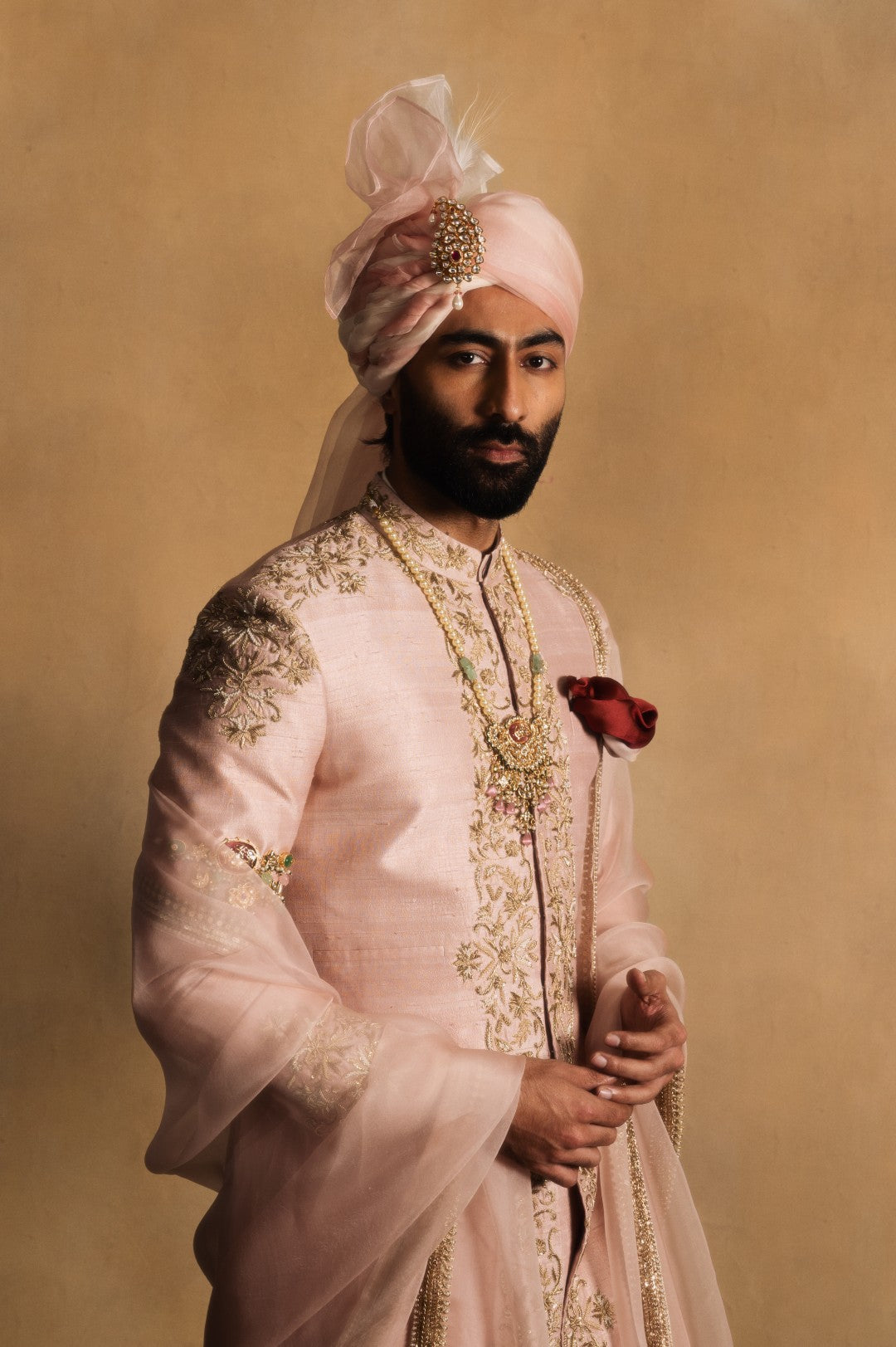 Dusty Rose Achkan with Symmetrical Embellishment