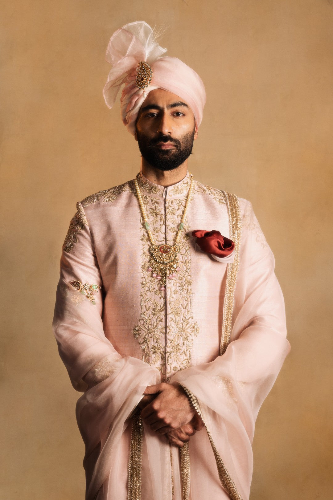 Dusty Rose Achkan with Symmetrical Embellishment