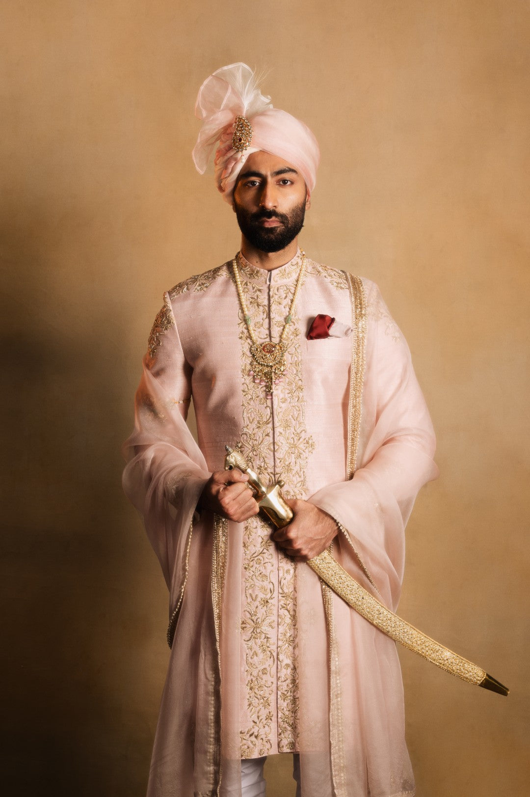 Dusty Rose Achkan with Symmetrical Embellishment