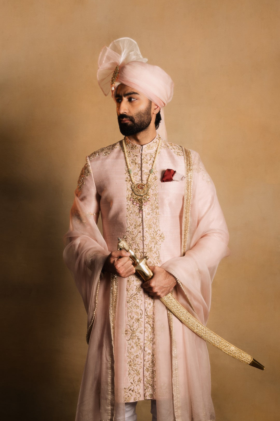 Dusty Rose Achkan with Symmetrical Embellishment