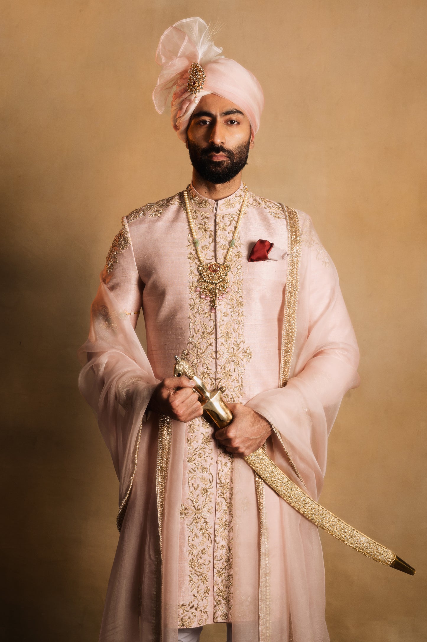 Wedding Achkan with Symmetrical Embellishment in Rose Pink
