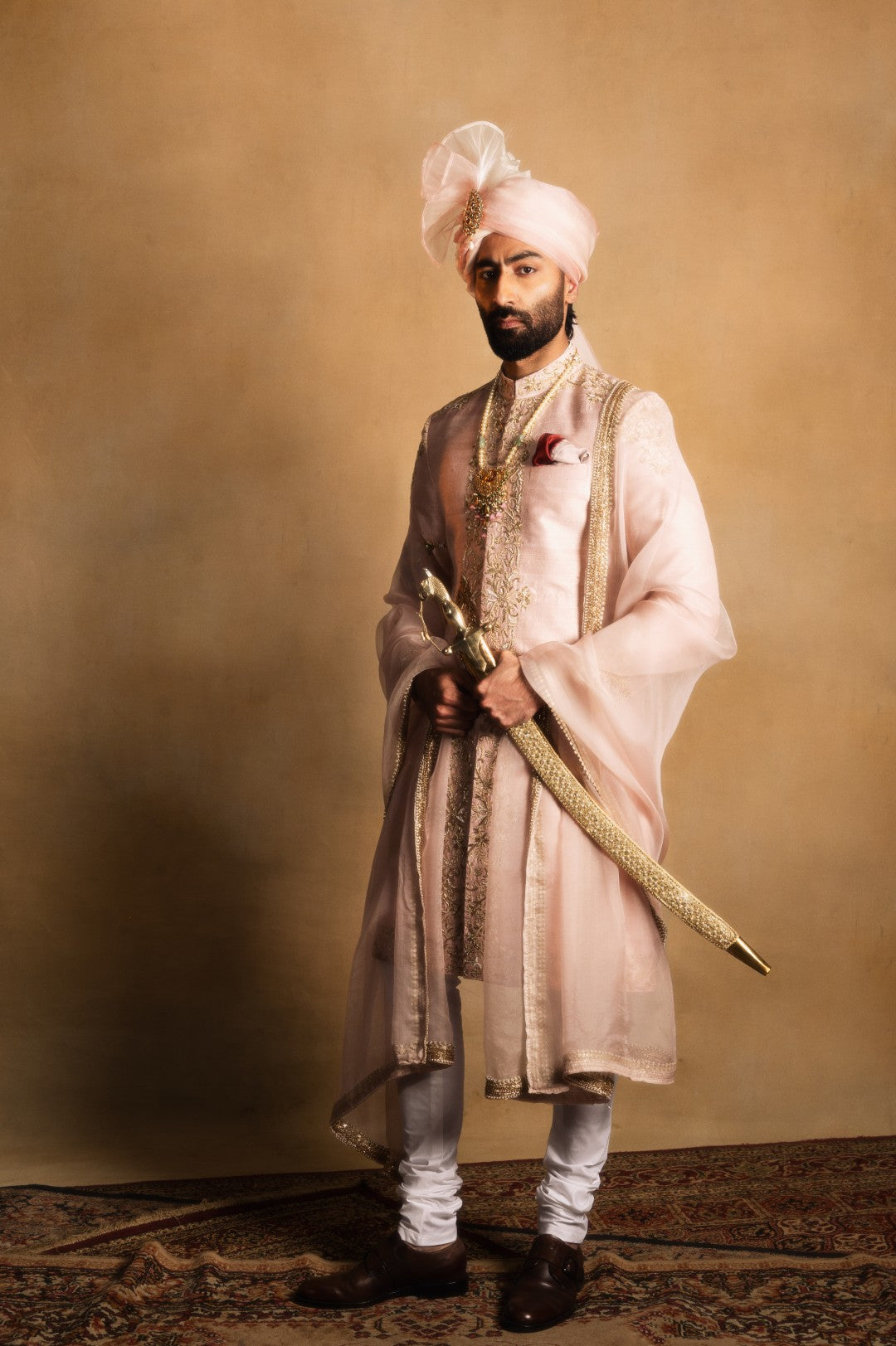 Dusty Rose Achkan with Symmetrical Embellishment
