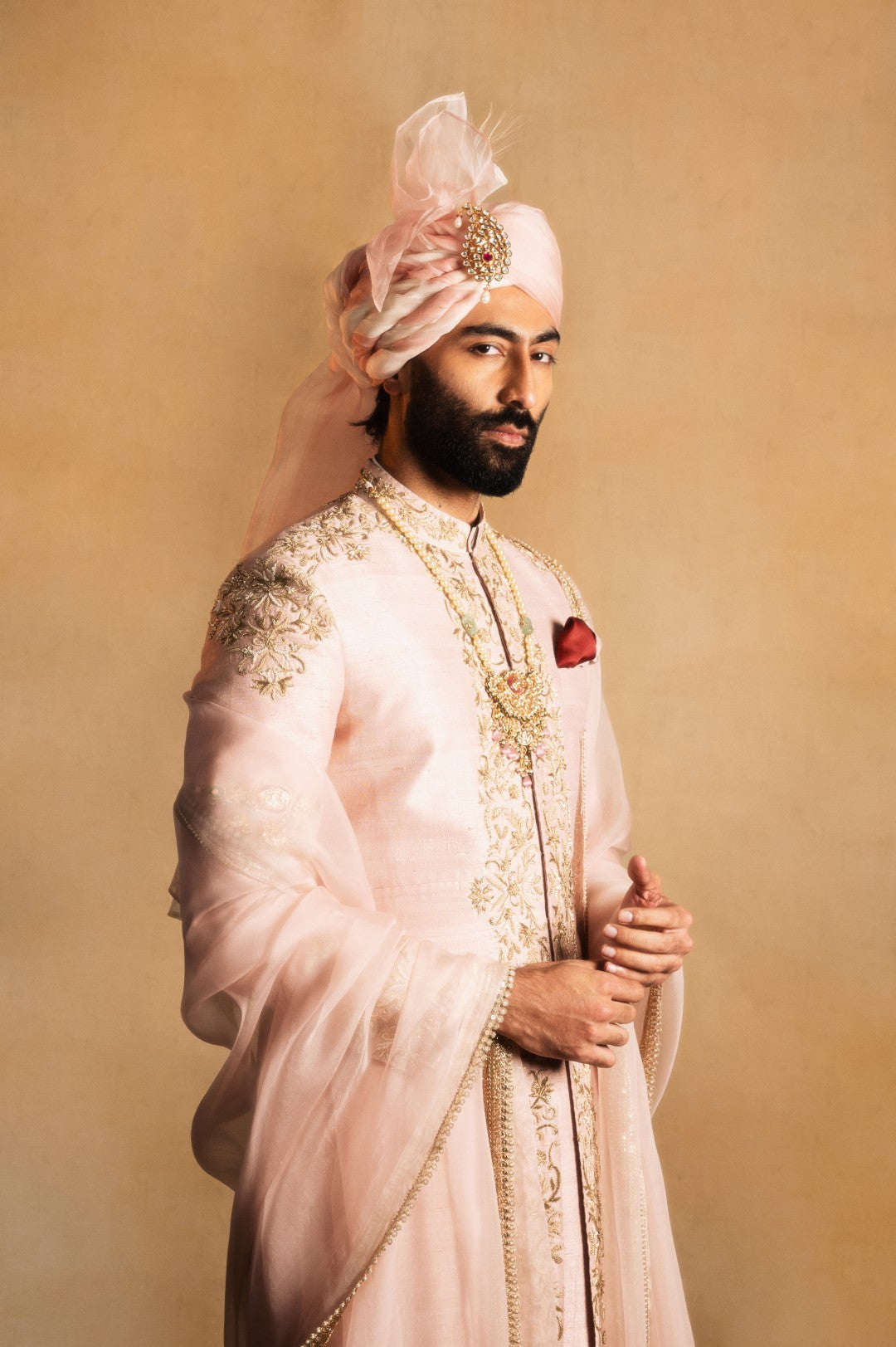Dusty Rose Achkan with Symmetrical Embellishment