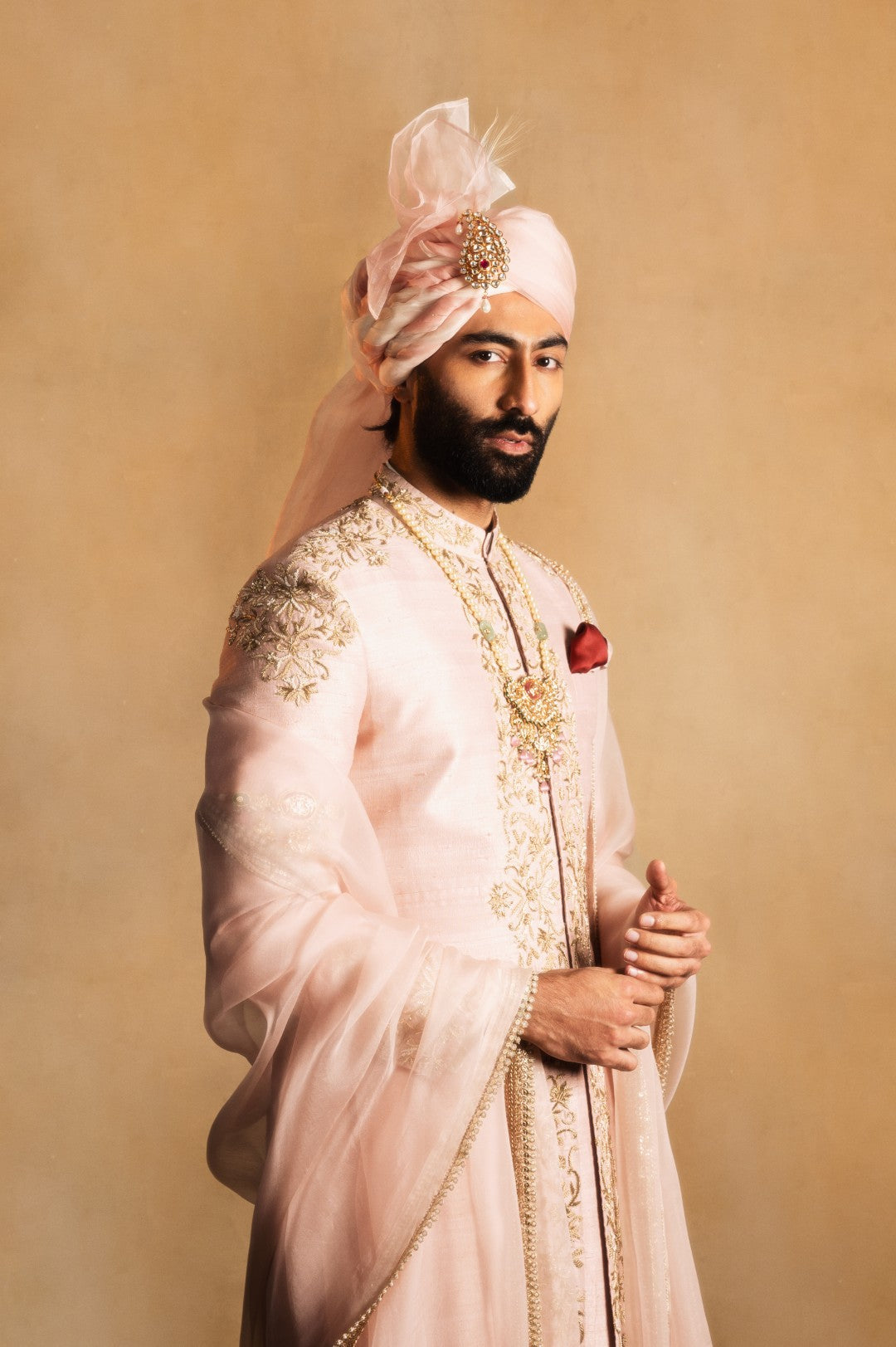 Dusty Rose Achkan with Symmetrical Embellishment