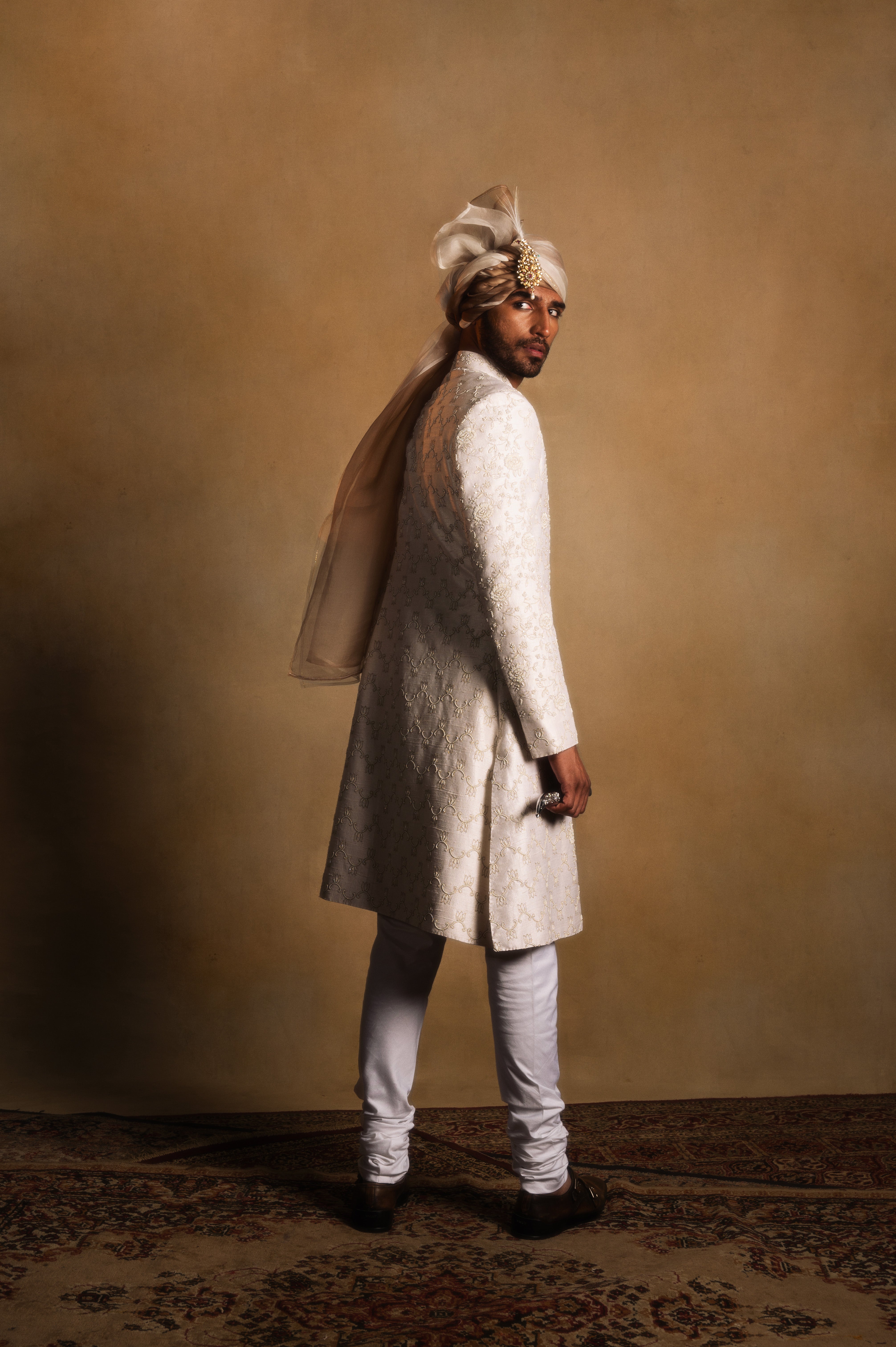 Floral Jaal Wedding Achkan in Ivory