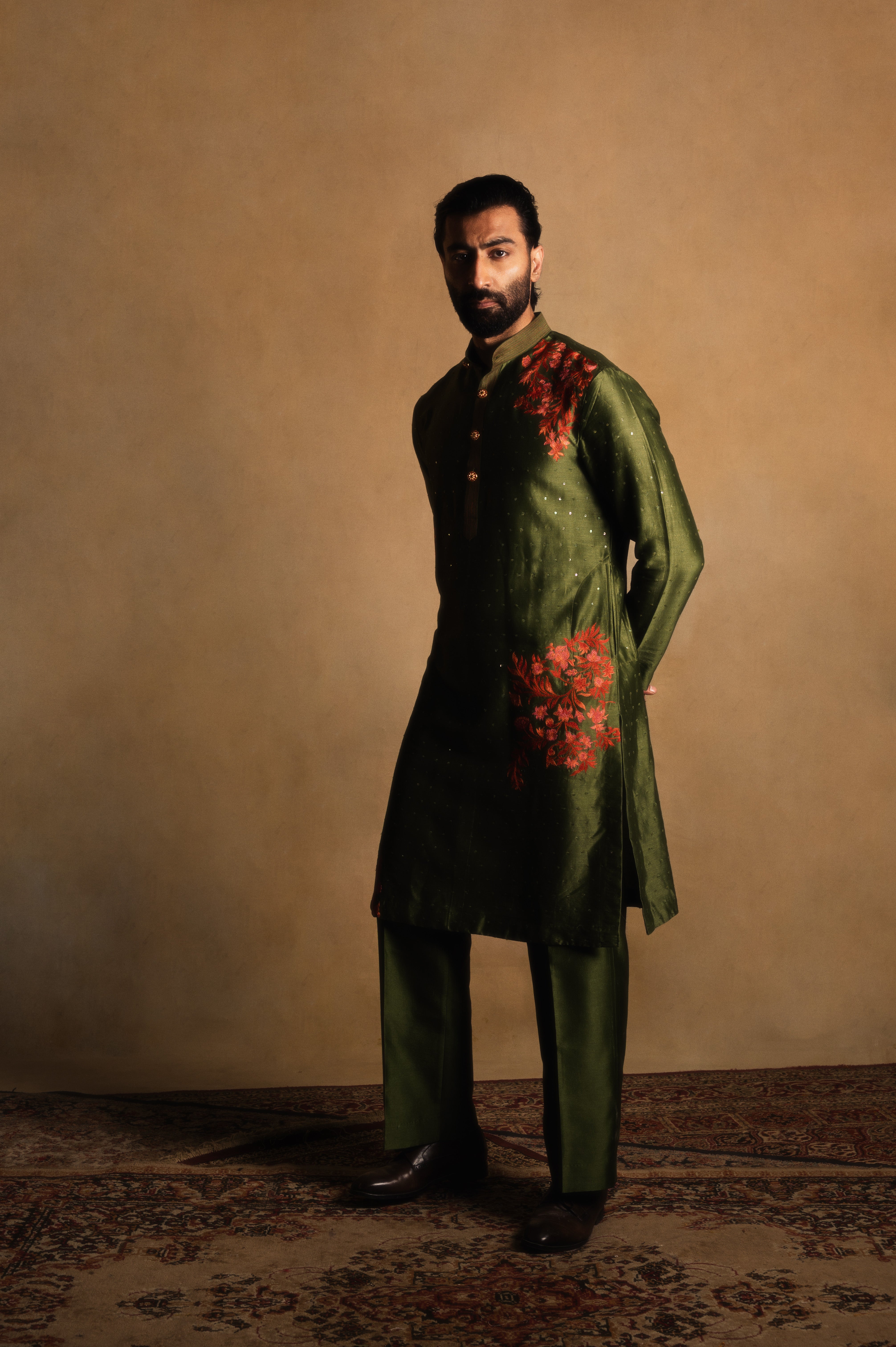 Chanderi Silk Kurta in Olive Green