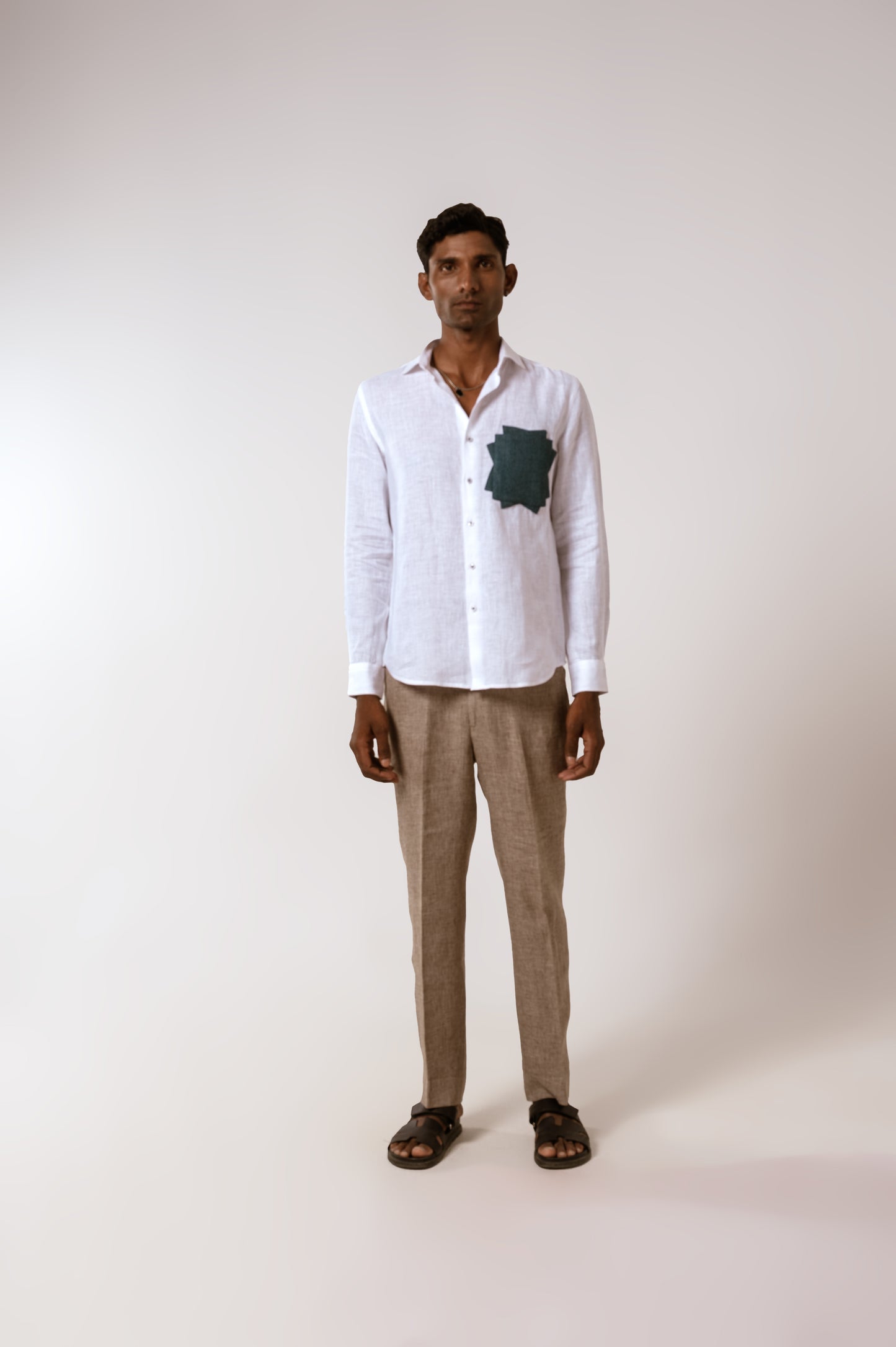 Denim Patch Linen Shirt In White