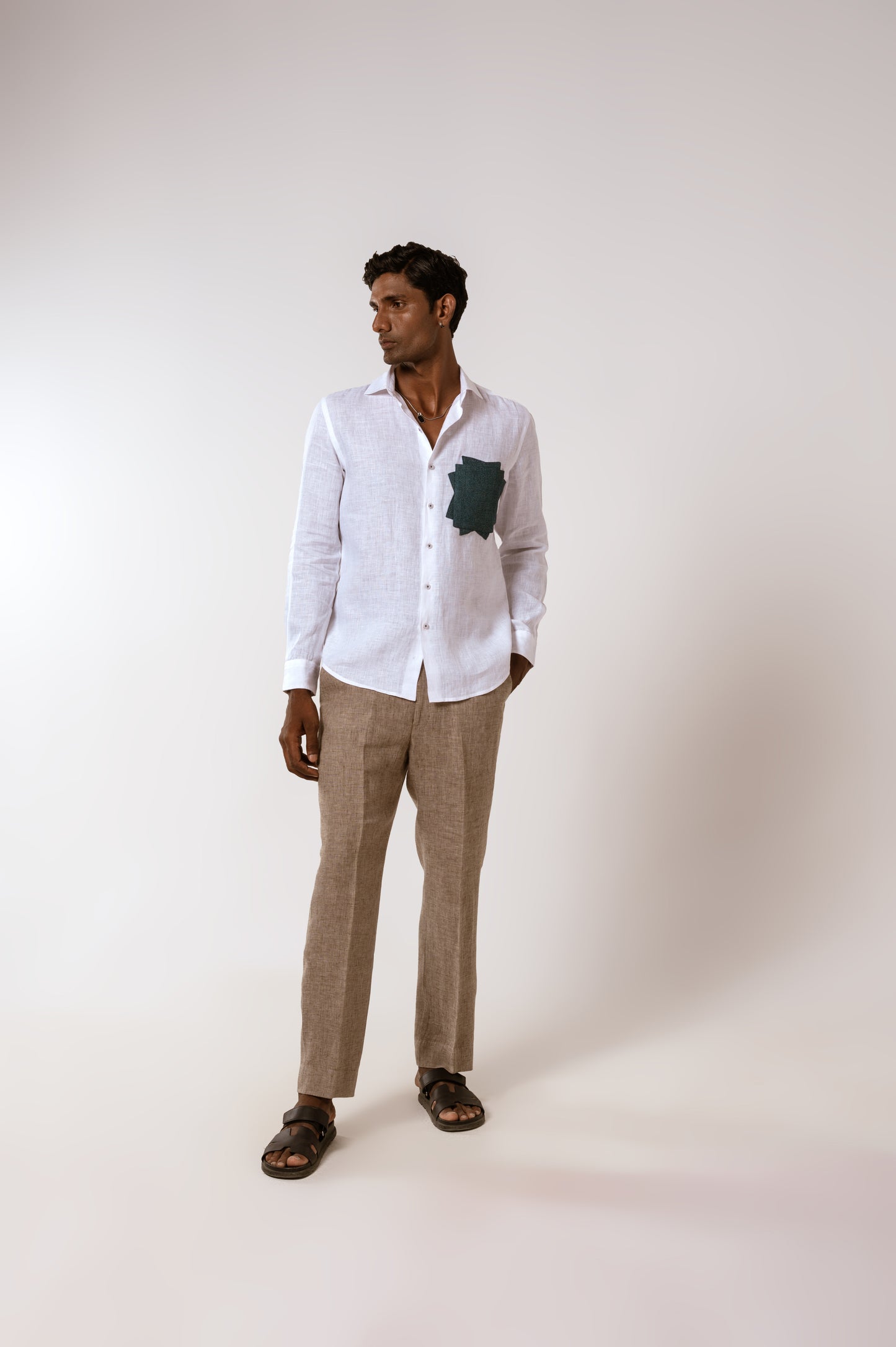 Denim Patch Linen Shirt In White