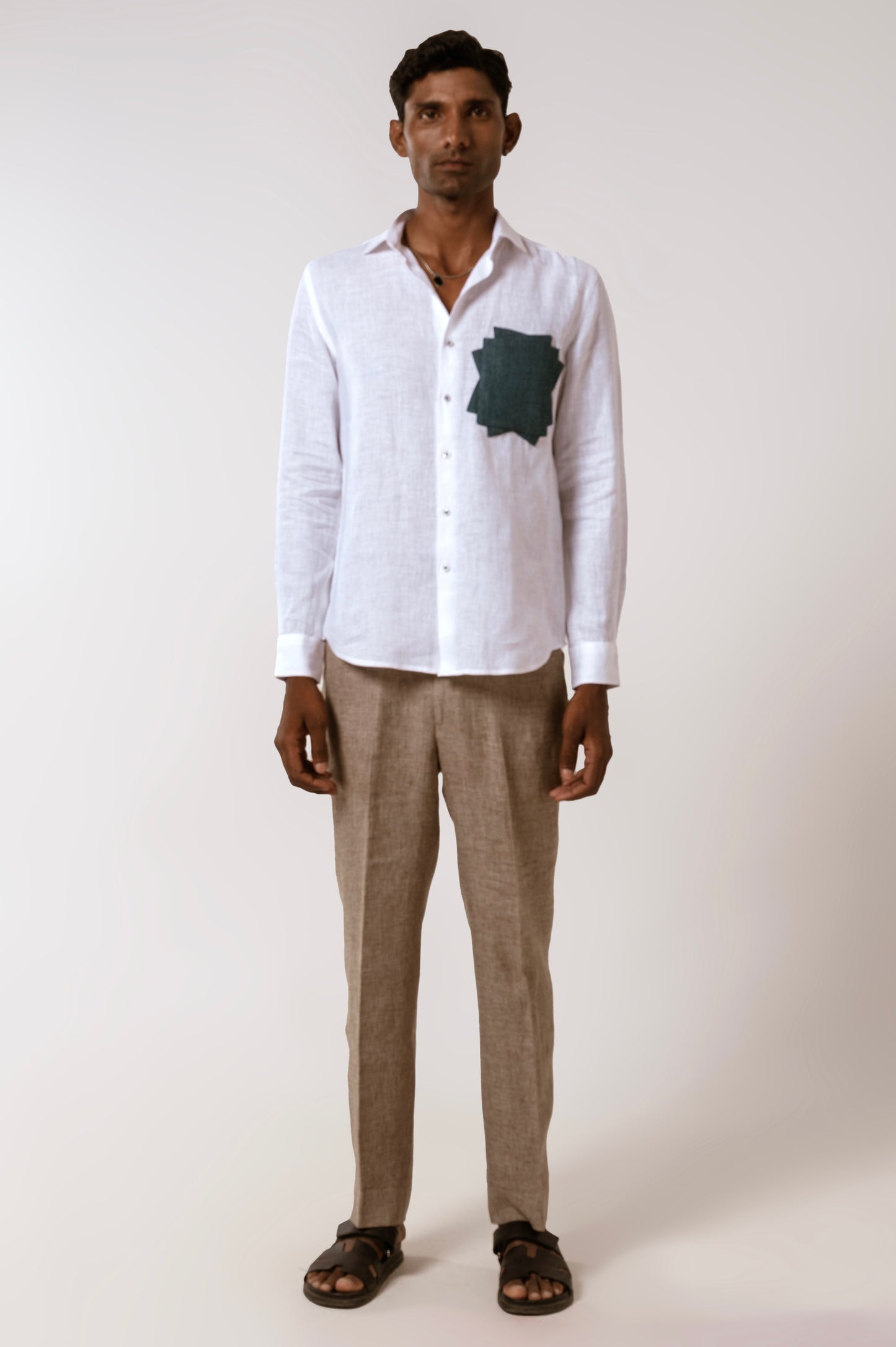 Denim Patch Linen Shirt In White