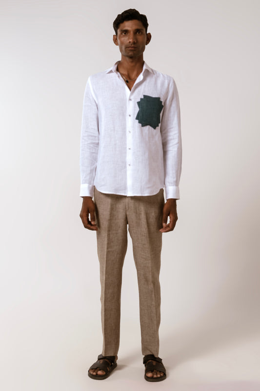 Denim Patch Linen Shirt In White
