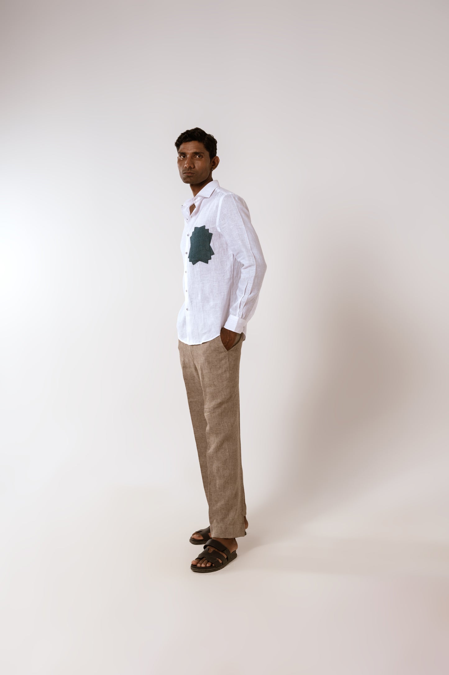 Denim Patch Linen Shirt In White