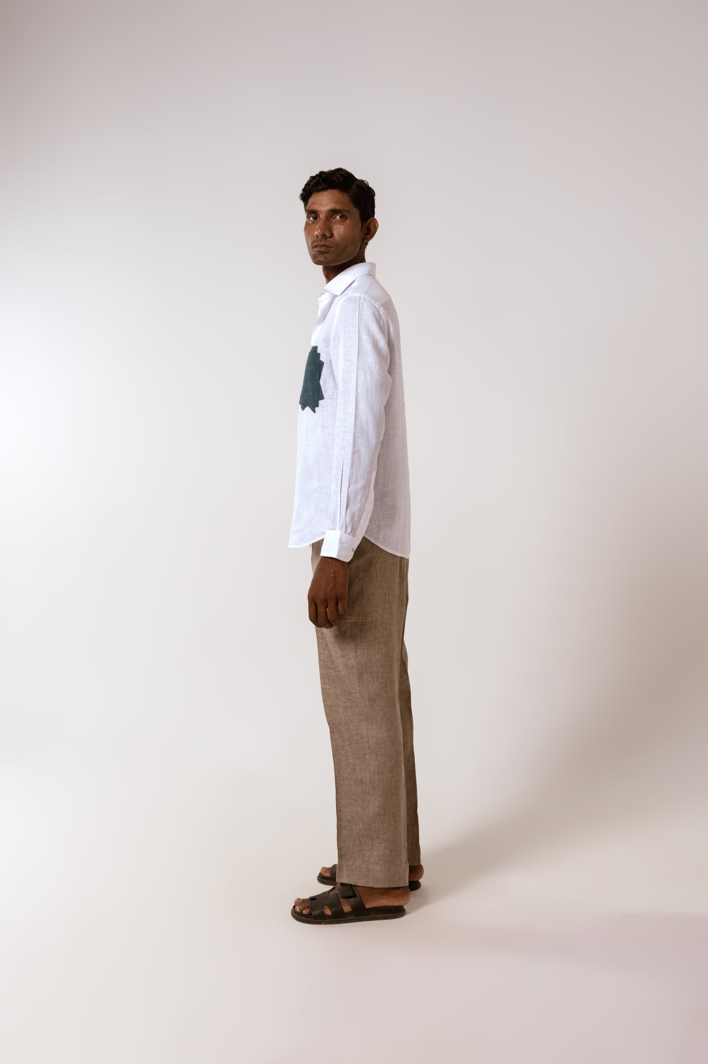 Denim Patch Linen Shirt In White