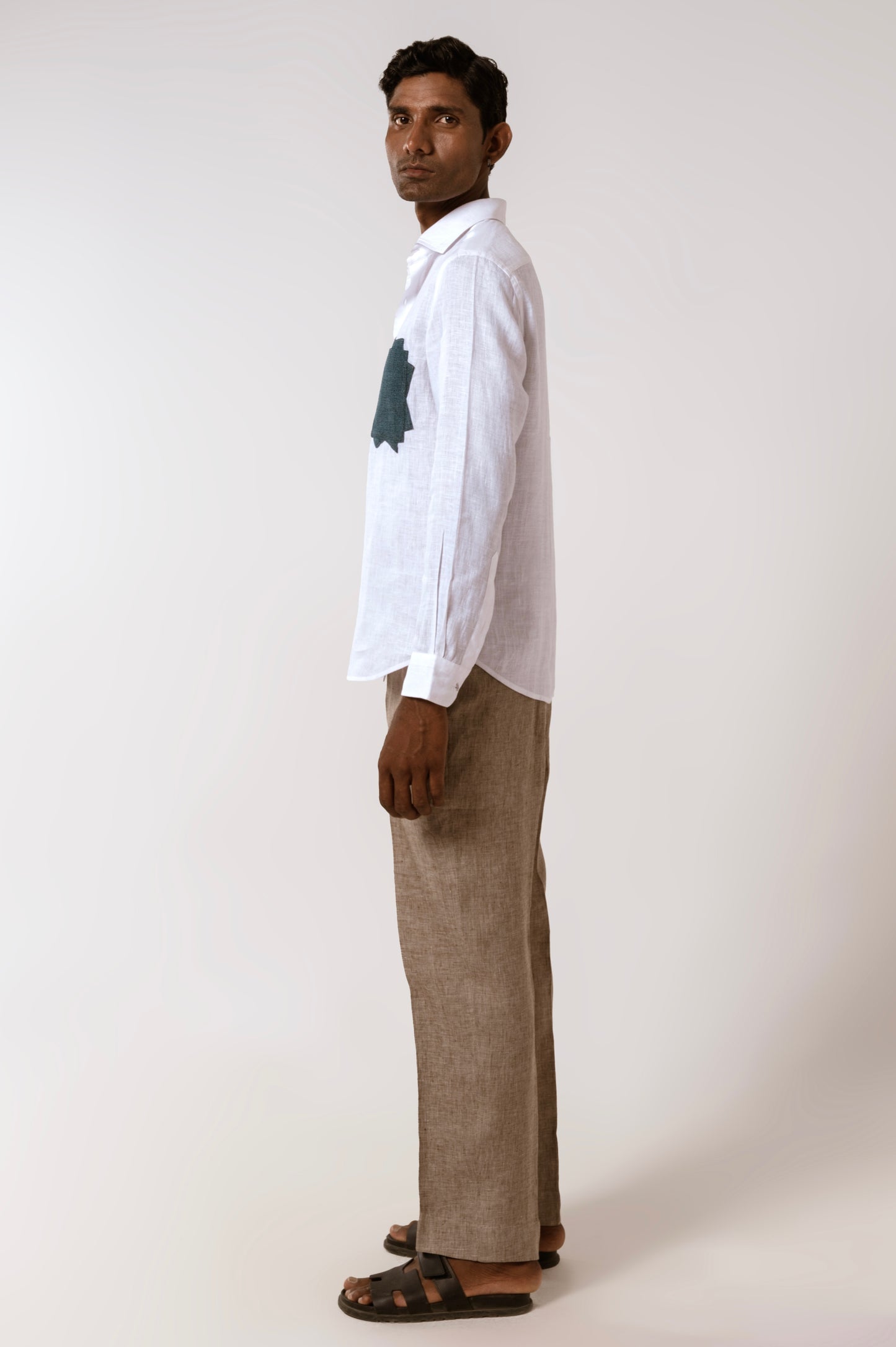 Denim Patch Linen Shirt In White